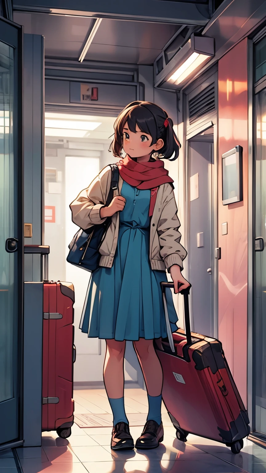 a girl with suitcase in room