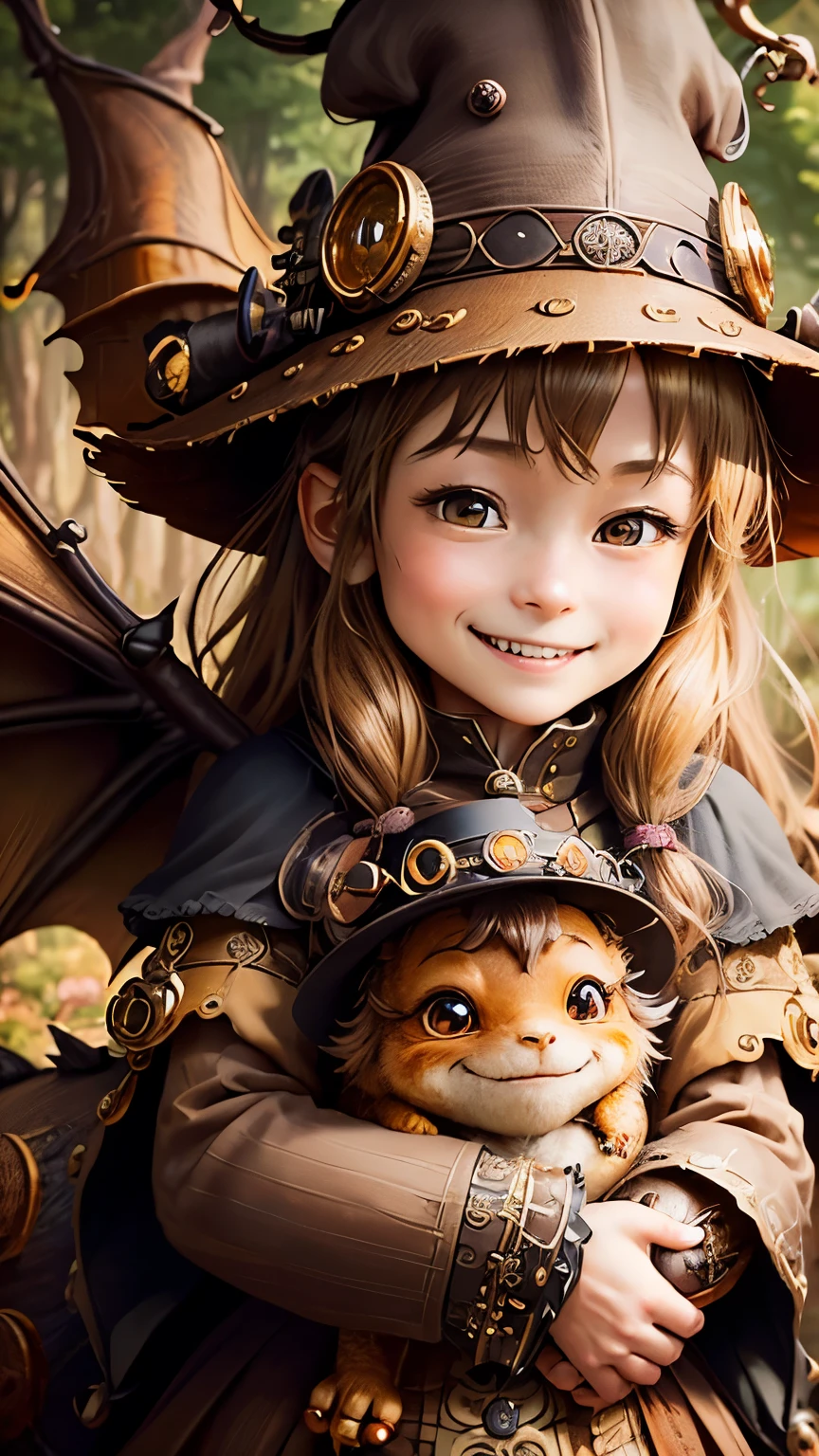 steampunkai。highest quality。masterpiece。detailed details。one girl。little cute witch。long light brown fluffy hair。light brown witch hat。light brown witch clothes。((holding a small cute dragon))。((smile happily))。((Even the dragon smiles))。The background is a forest with bright light shining through.。