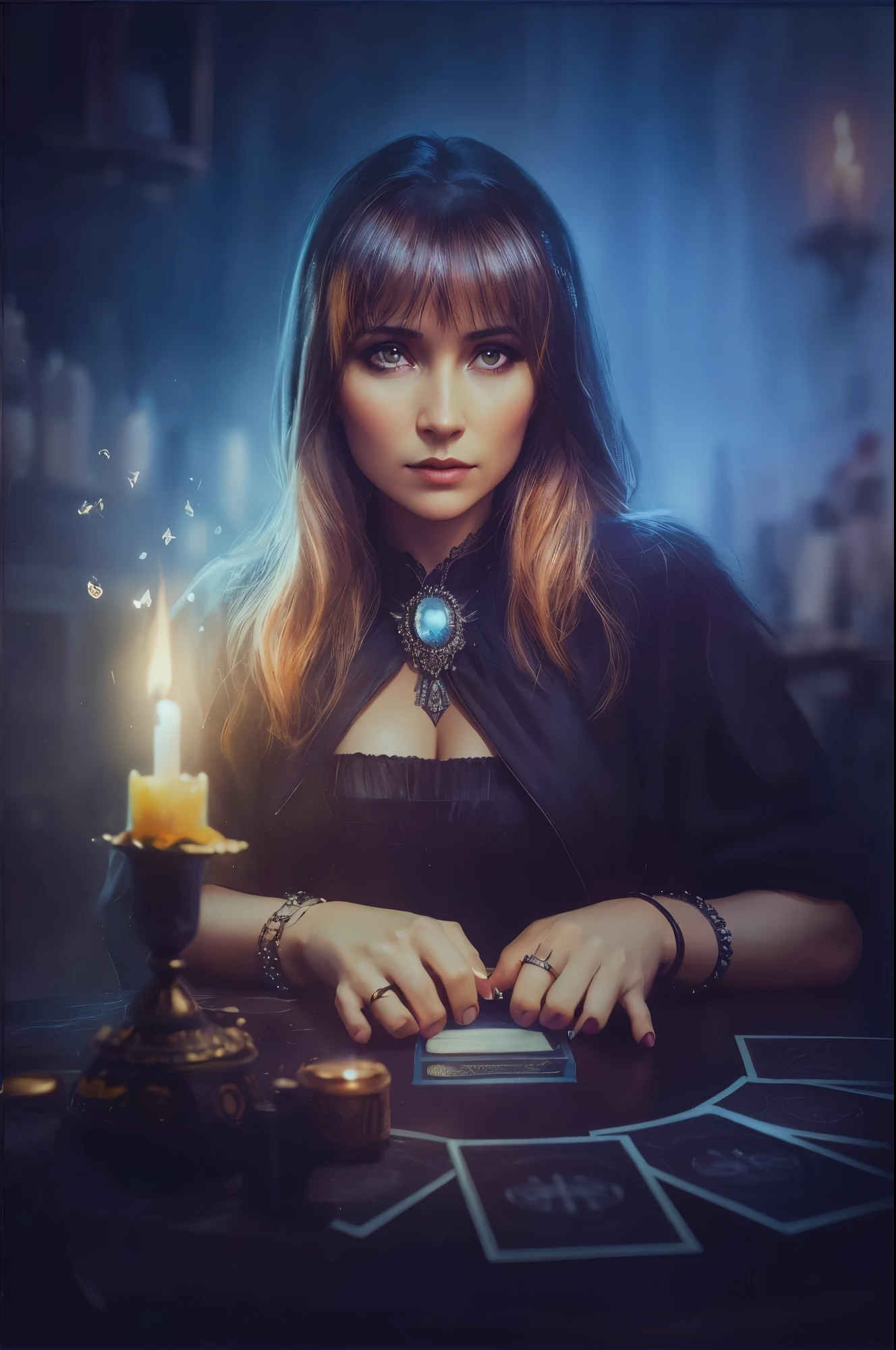 woman in a black dress holds a candle and plays cards, spell casting, Casting a protective spell, spell casting wizard, cast a powerful spell, magic, Black Magic Spells, mulher witch, witch, Cast a spell, Magic throwing spell, spell casting, Woman magician casting a spell, uma bela witch, произнесение фотоrealistичного магического заклинания, Photo, Masterpiece, realist, realism, Photorrealism, High contrast, Трендовое фотоrealistичное цифровое искусство в Artstation 8k HD, detailed, A high resolution и realistичность, detailed, skin texture, hiper detailed, textura de pele realist, armor, better quality, сверхA high resolution, (Photorrealist: 1.4), A high resolution, detailed, raw shot, sharp re, Lee Jeffries Film Nikon D850 Stock Photography 4 Kodak Portra 400 F1 Lens.6 Rich Colors Texture Realistic Dramatic Texture Dramatic Lighting Irrealengine Trend on Artstation Cinestill 800