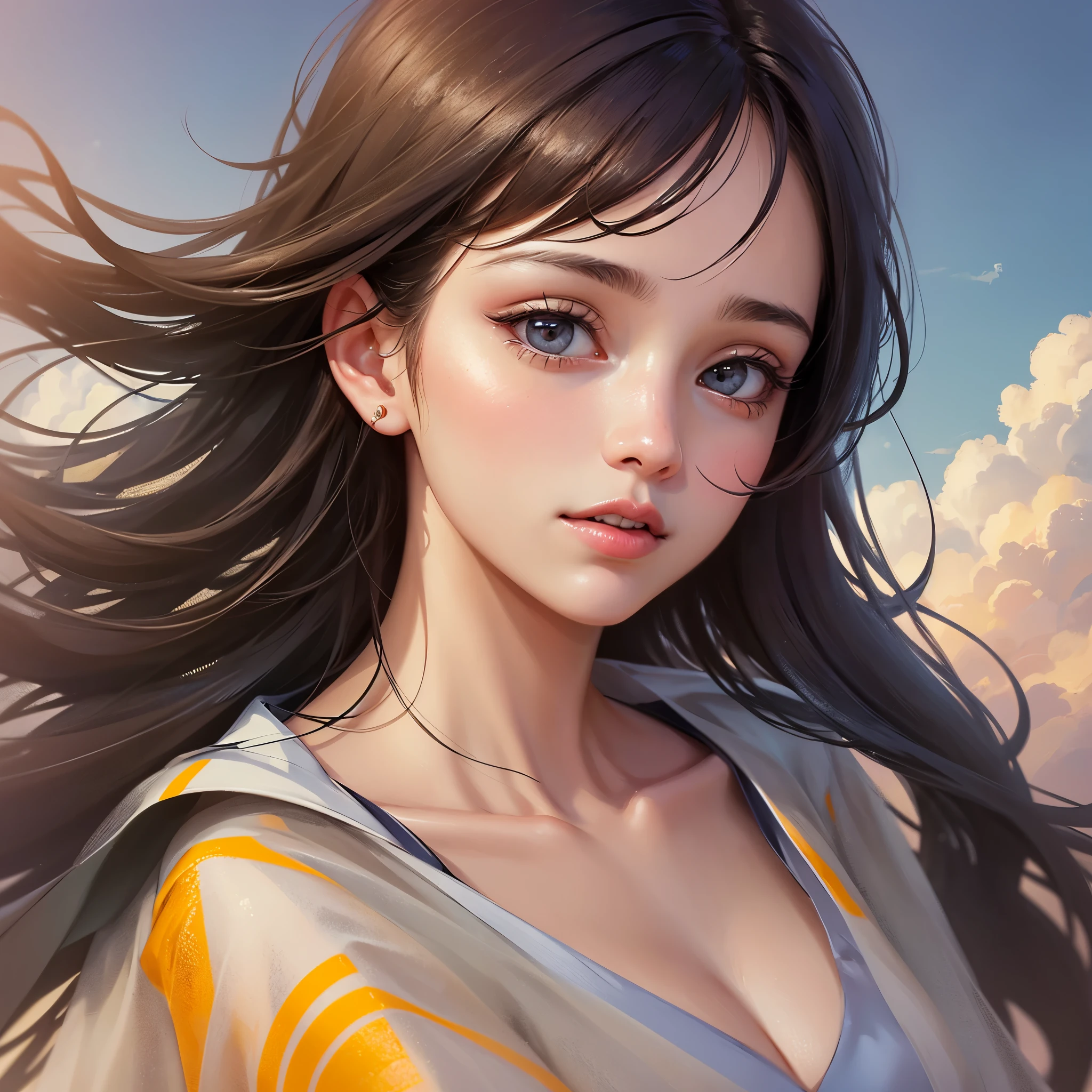 masterpiece, best quality, stills, 1 girl, cloud girl, floating in the sky, close up, bright, happy, Warm and soft lighting, Sunset, (spark:0.7)