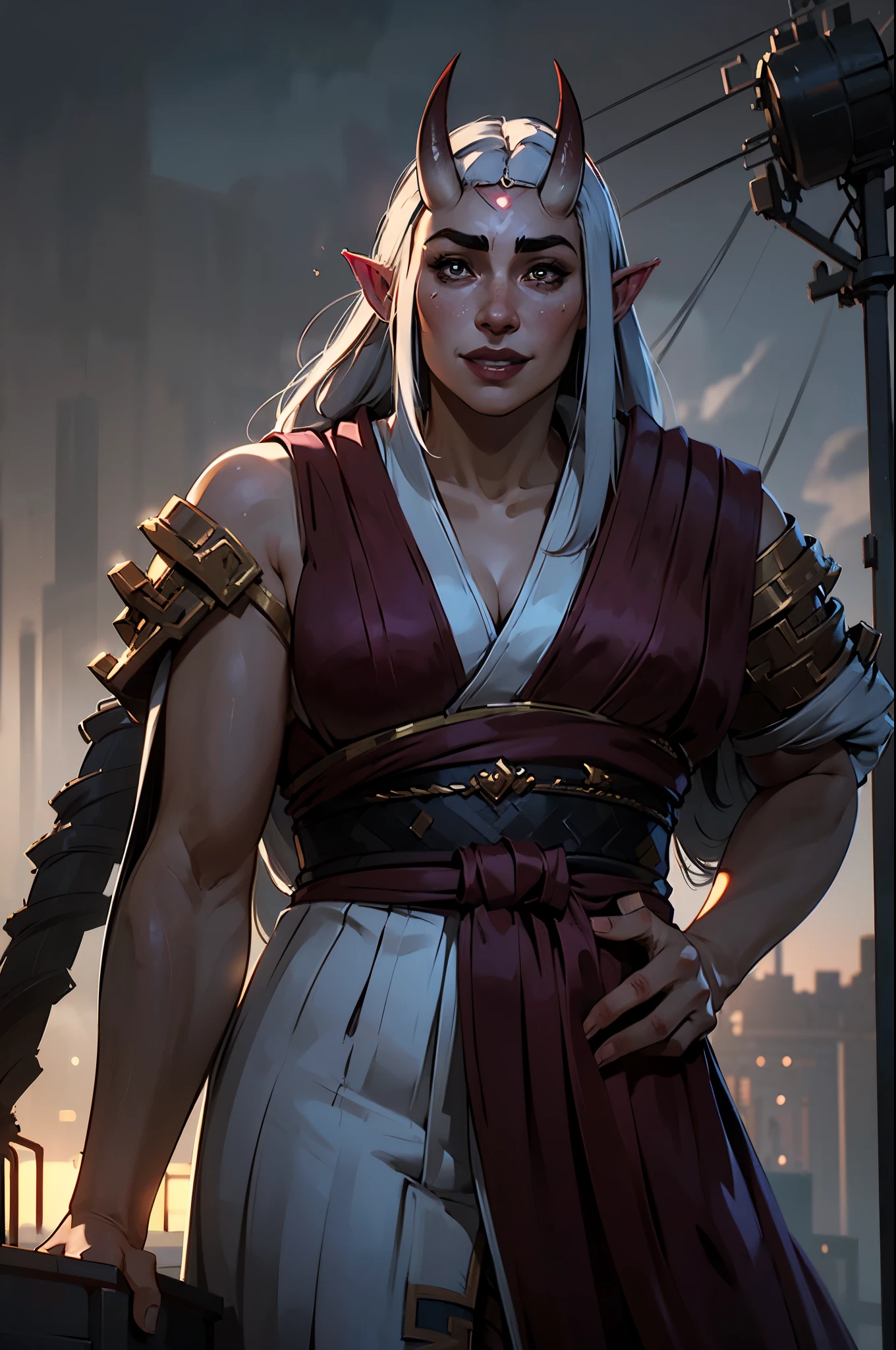 Numerous award-winning masterpiece, with incredible detail, textures and maximum detail), (hyper realistic:1.4), (full-body standing image:1.6),(beautiful female oni warrior:1.7), (thick curvy and mature body yet muscular:1.5), (reddish fair skin tone:1.3), (wearing off shoulders kimono1.2), (long oni horns:1.44),(pointy ears)(white long hair blown by the wind:1.8) (wind effect) ,(best quality real texture skin), (finely detailed true circle eyes), (finely Detailed and beautiful face that is out of this world:1.6), (The challenging look of the proud warrior), (She has serious gaze in  her eyes and a grin on her face:1.3), (Beautiful eyes that sparkle and shine), (Dramatic Light),(A majestic sight), (((dramatic photo))),(Sunny), ((dramatic pose)), (flamboyant photo), (golden hair),  epic realistic, faded, art, (art station:1.5), cinematic, ((neutral colors)), (hdr:1.5), (muted colors:1.2), hyper detailed, dramatic light, (intricate details:1.1), complex background,