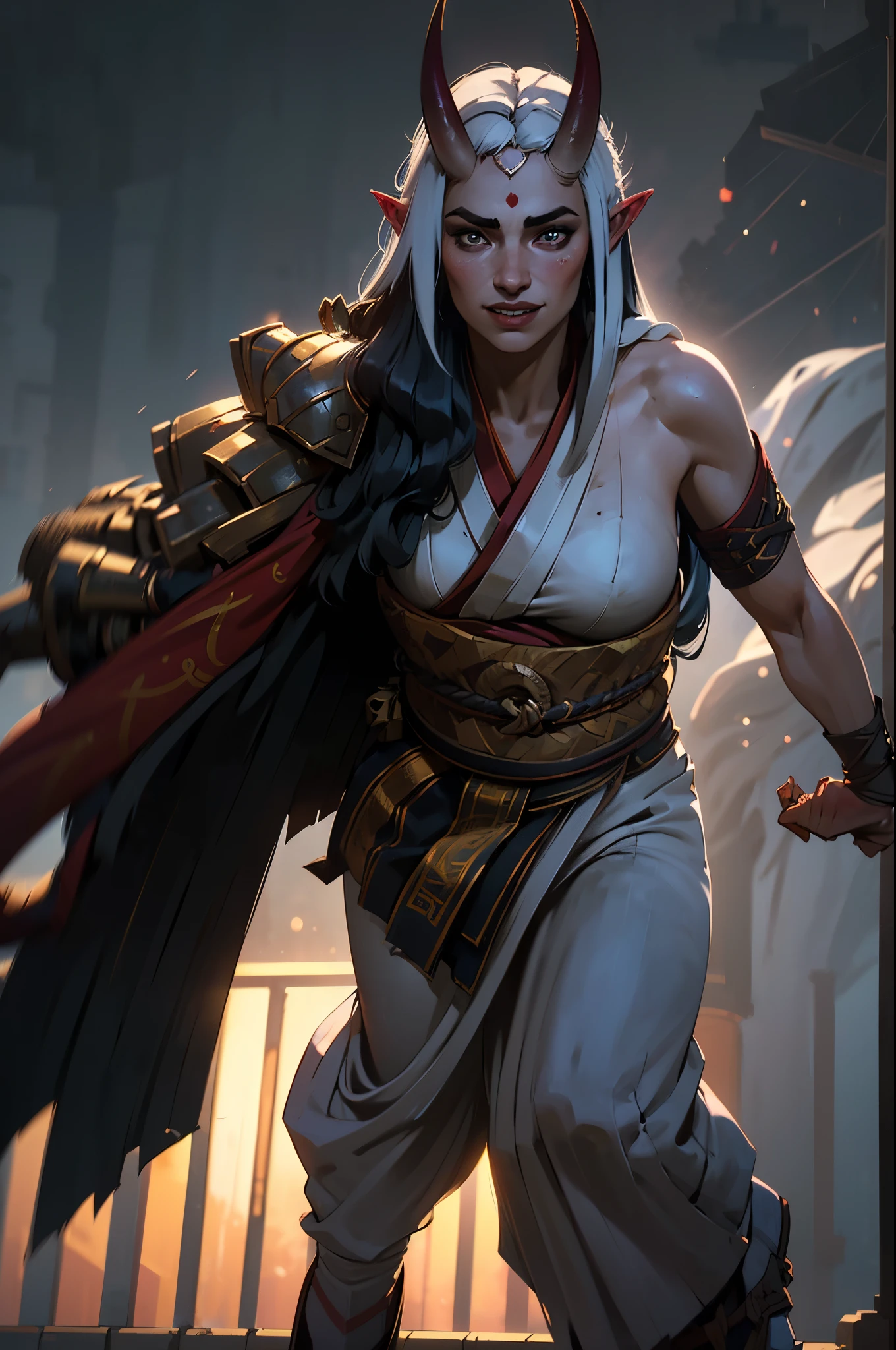 Numerous award-winning masterpiece, with incredible detail, textures and maximum detail), (hyper realistic:1.4), (full-body standing image:1.6),(beautiful female oni warrior:1.7), (thick curvy and mature body yet muscular:1.5), (reddish fair skin tone:1.3), (wearing off shoulders kimono1.2), (long oni horns:1.44),(pointy ears)(white long hair blown by the wind:1.8) (wind effect) ,(best quality real texture skin), (finely detailed true circle eyes), (finely Detailed and beautiful face that is out of this world:1.6), (The challenging look of the proud warrior), (She has serious gaze in  her eyes and a grin on her face:1.3), (Beautiful eyes that sparkle and shine), (Dramatic Light),(A majestic sight), (((dramatic photo))),(Sunny), ((dramatic pose)), (flamboyant photo), (golden hair),  epic realistic, faded, art, (art station:1.5), cinematic, ((neutral colors)), (hdr:1.5), (muted colors:1.2), hyper detailed, dramatic light, (intricate details:1.1), complex background,