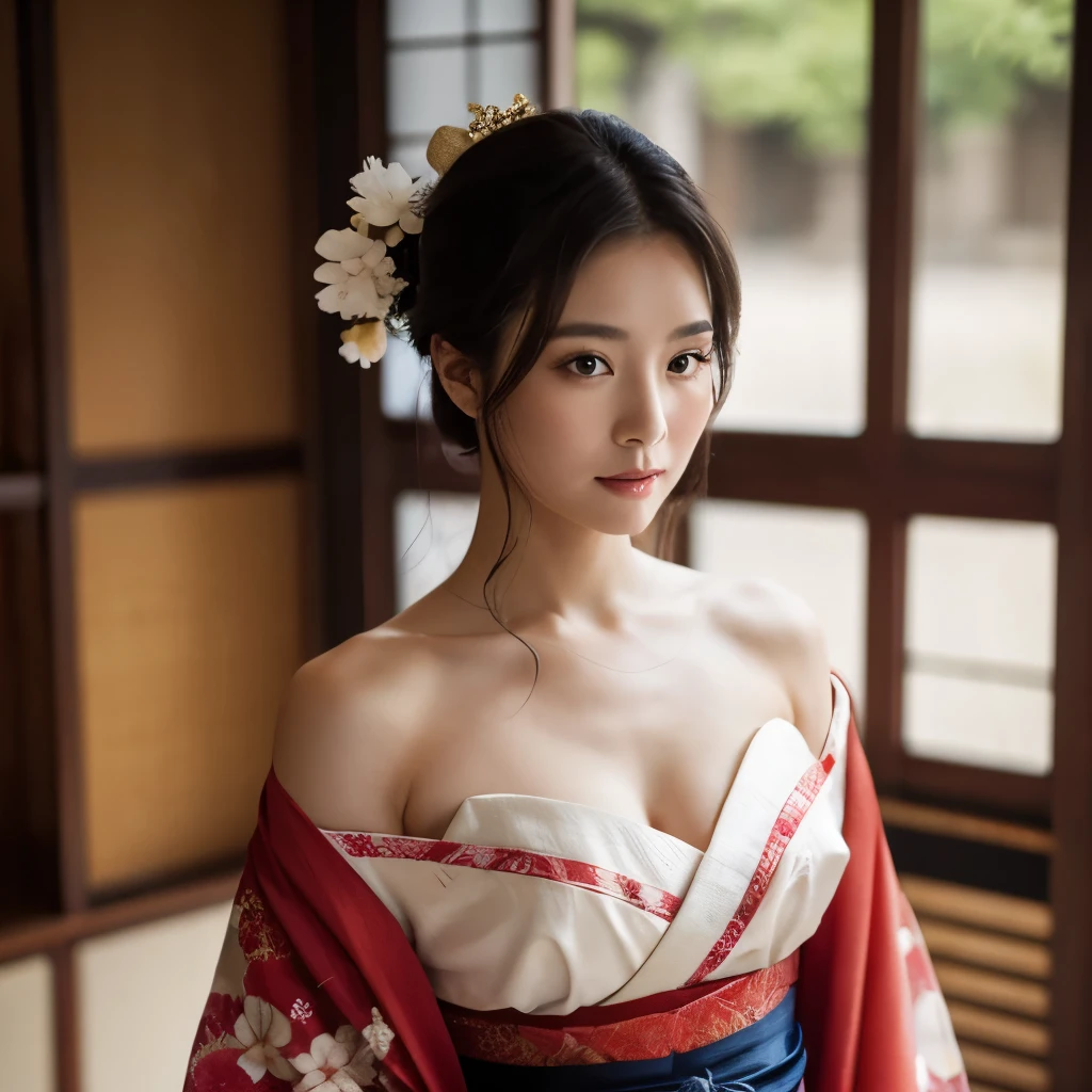 A beautiful courtesan in a kimono that shows her shoulders