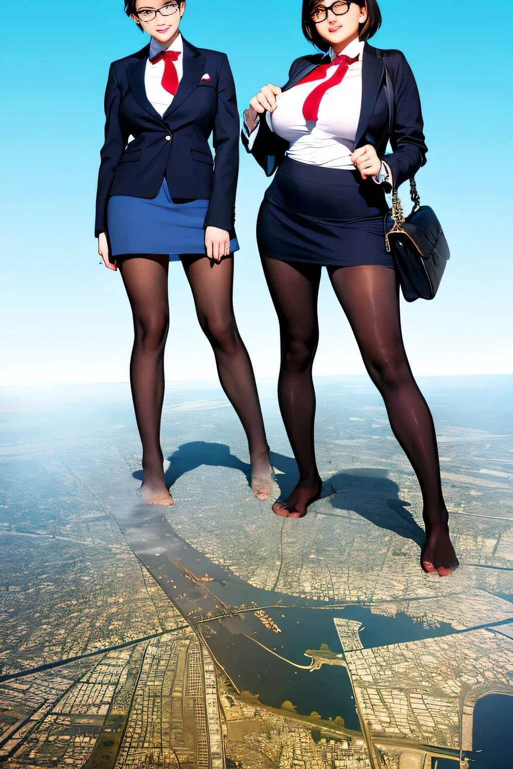 Giantの芸術, 非常に詳細なGiantショット, Giant, short hair, Two high school girls who are much bigger than a skyscraper, Facing each other, wearing rimless glasses, big breasts, big ass, navy blazer, red tie, mini skirt, black pantyhose, pantyhose barefoot, Steam comes out from the soles of the feet, very small metropolis, miniature metropolis, crush the big city, full body description, ＧＴＳ, ギガGiant, stomping city, crash city, small town, micro city, High resolution, highest quality, masterpiece, 