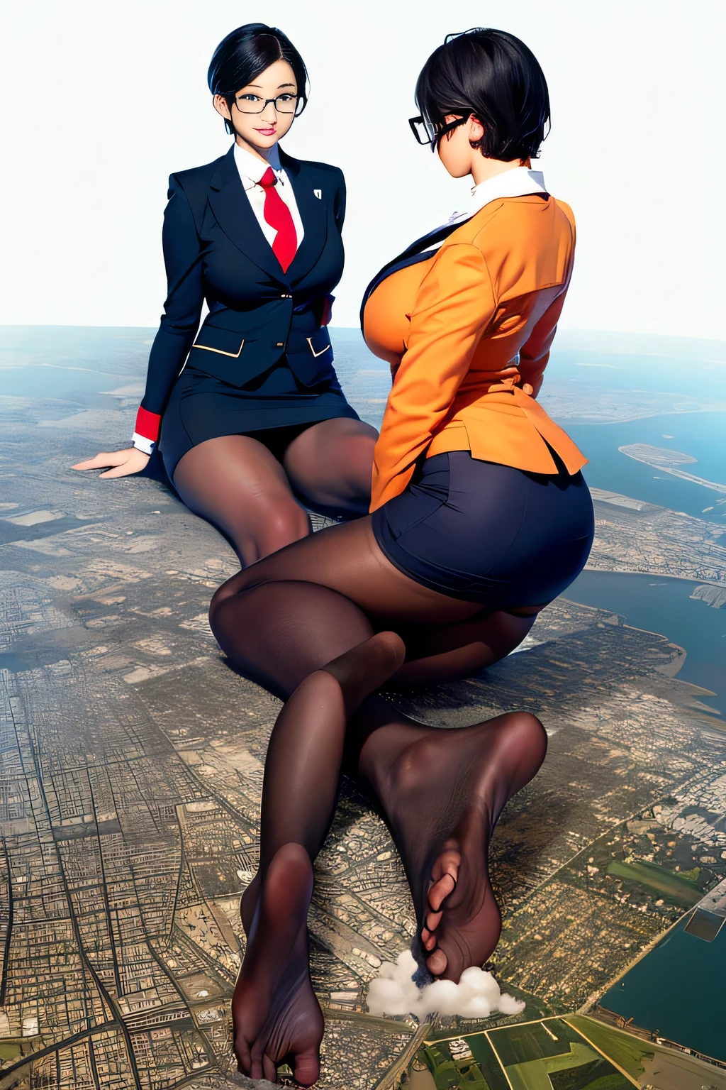 Giantの芸術, 非常に詳細なGiantショット, Giant, short hair, Two high school girls who are much bigger than a skyscraper, Facing each other, wearing rimless glasses, big breasts, big ass, navy blazer, red tie, mini skirt, black pantyhose, pantyhose barefoot, Steam comes out from the soles of the feet, very small metropolis, miniature metropolis, crush the big city, full body description, ＧＴＳ, ギガGiant, stomping city, crash city, small town, micro city, High resolution, highest quality, masterpiece, 