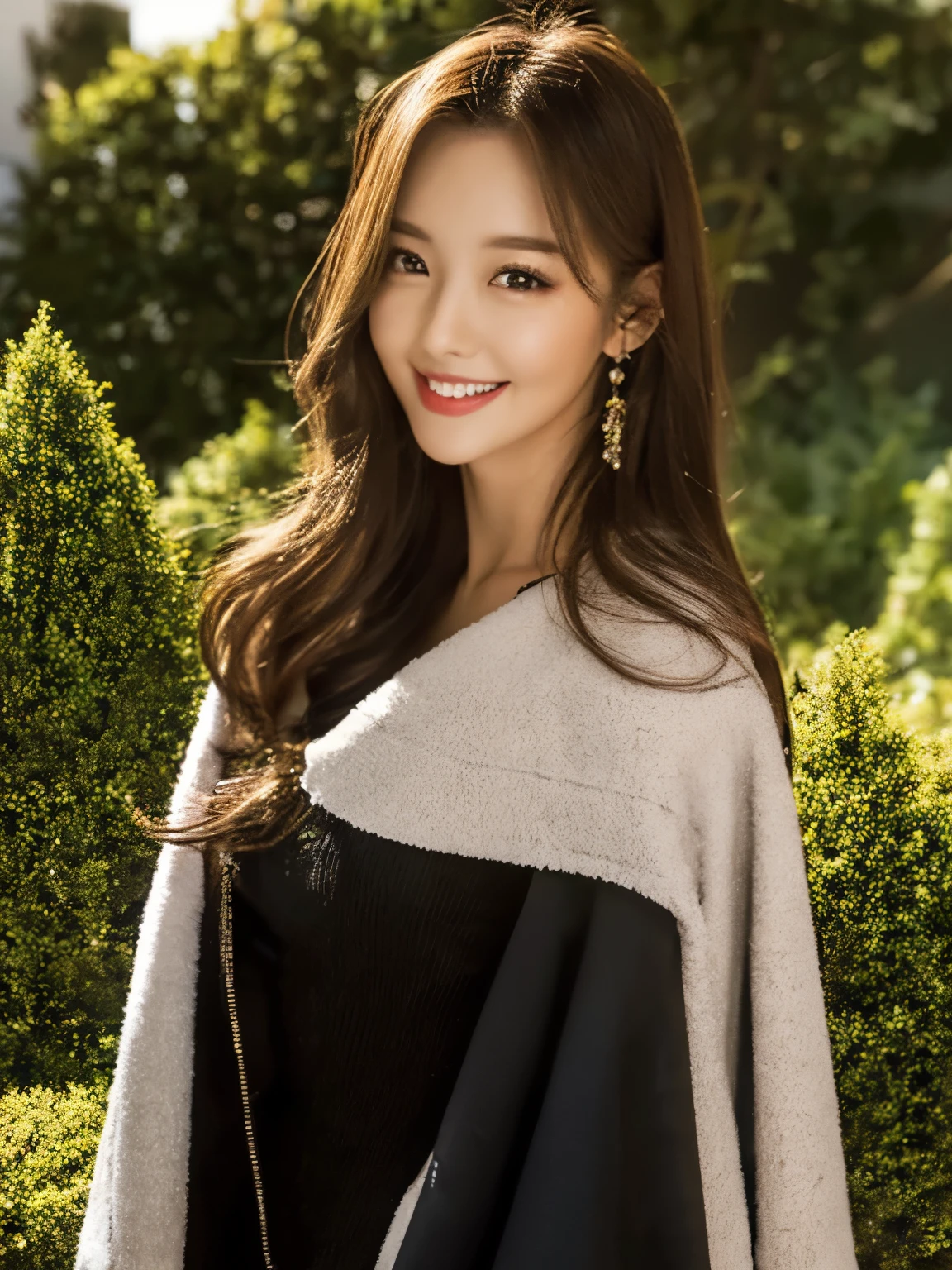masterpiece、high resolution、ultra high resolution、alone，beautiful woman、realistic , Beautiful woman, slim face、real person, korean model, cute face, ,long brown hair,dual、28 years old、black eye、wavy hair、、Woman smiling and taking dancing pose、live action、garden、Wearing a cape over his shoulders、