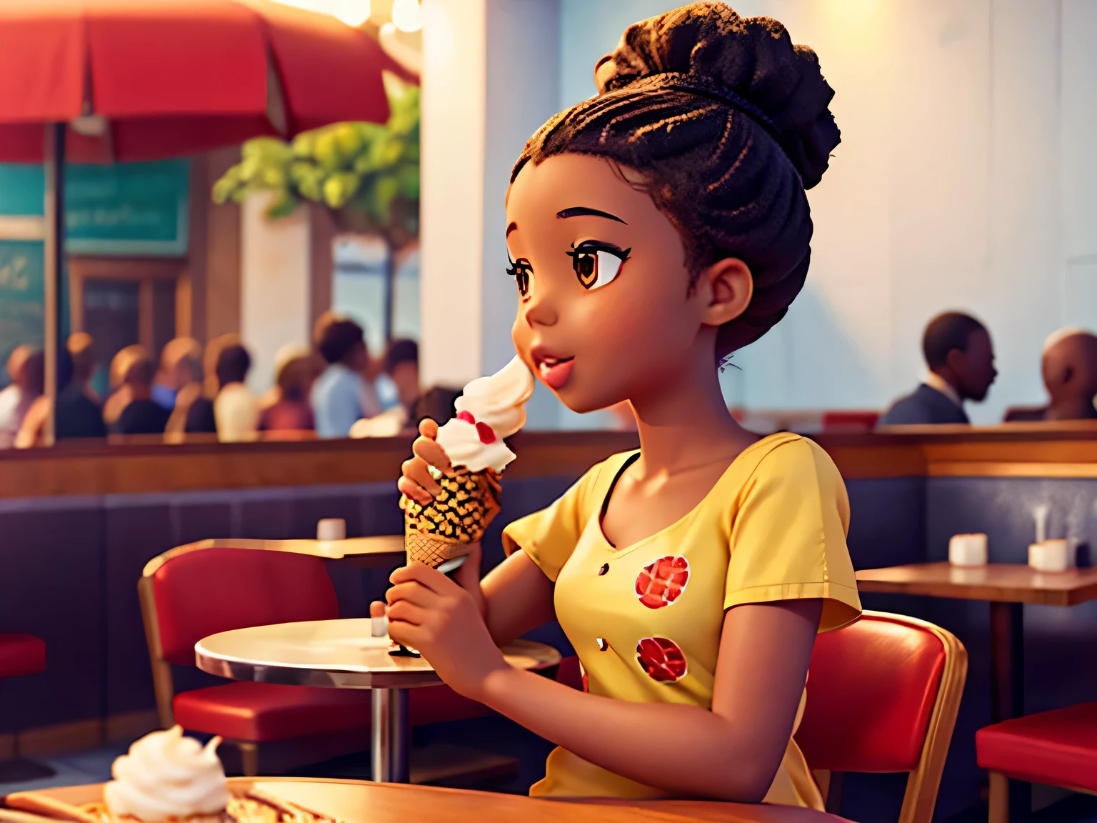 african american girl in fashion illustration , fresh skin, enjoying ice cream in restaurant
