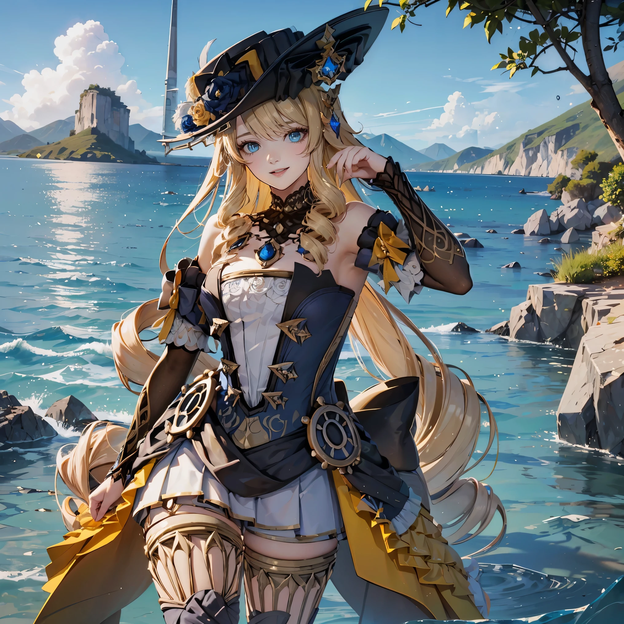 painting style,masterpiece:1.2,girl on the painting,best quality,influenced by Genshin,water body in the background,sea in the background,smile,long hair,hat,flowers