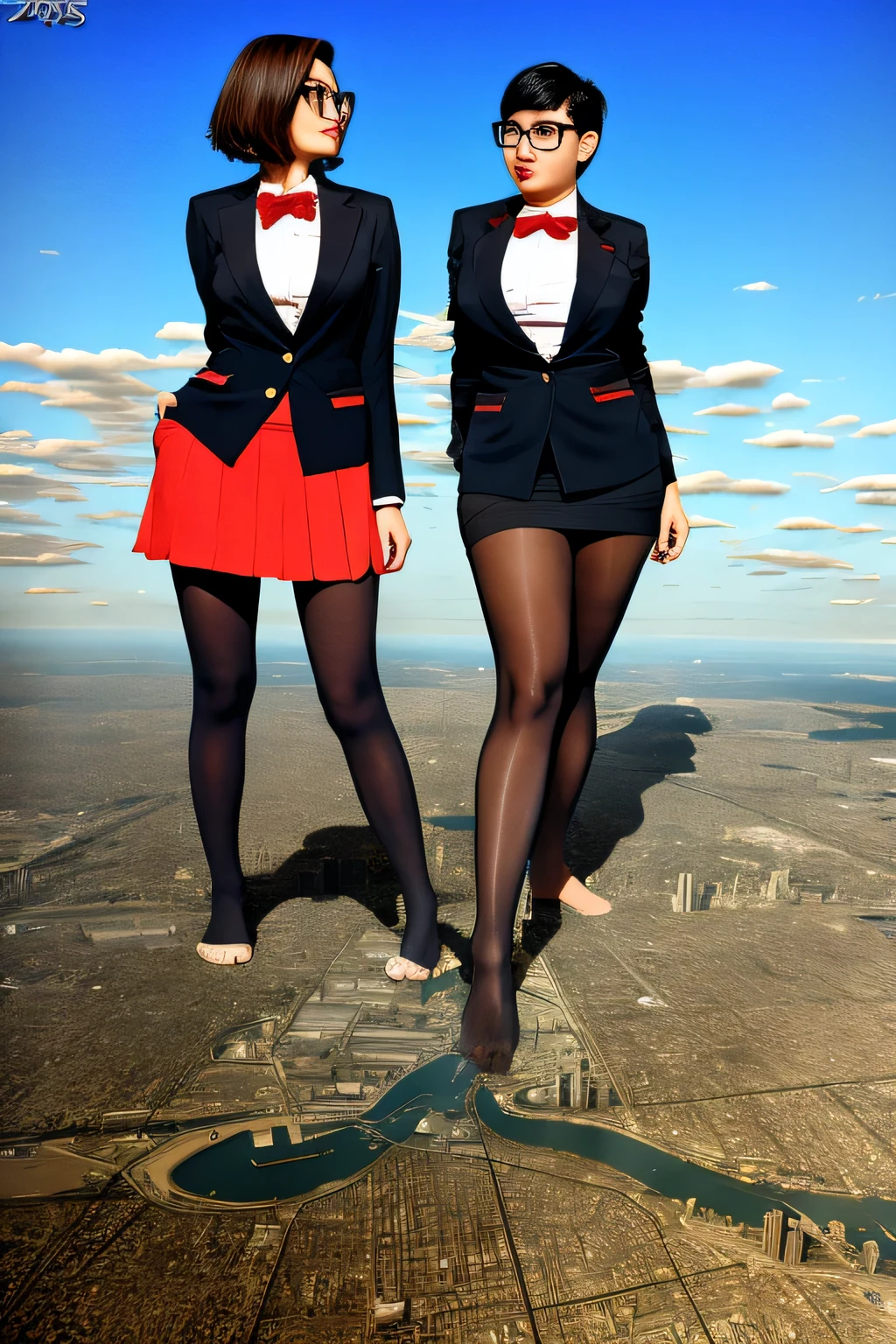 Giantの芸術, 非常に詳細なGiantショット, Giant, short hair, Two high school girls who are much bigger than a skyscraper, Facing each other, wearing rimless glasses, big breasts, big ass, navy blazer, red tie, mini skirt, black pantyhose, pantyhose barefoot, Steam comes out from the soles of the feet, very small metropolis, miniature metropolis, crush the big city, full body description, ＧＴＳ, ギガGiant, stomping city, crash city, small town, micro city, High resolution, highest quality, masterpiece, 