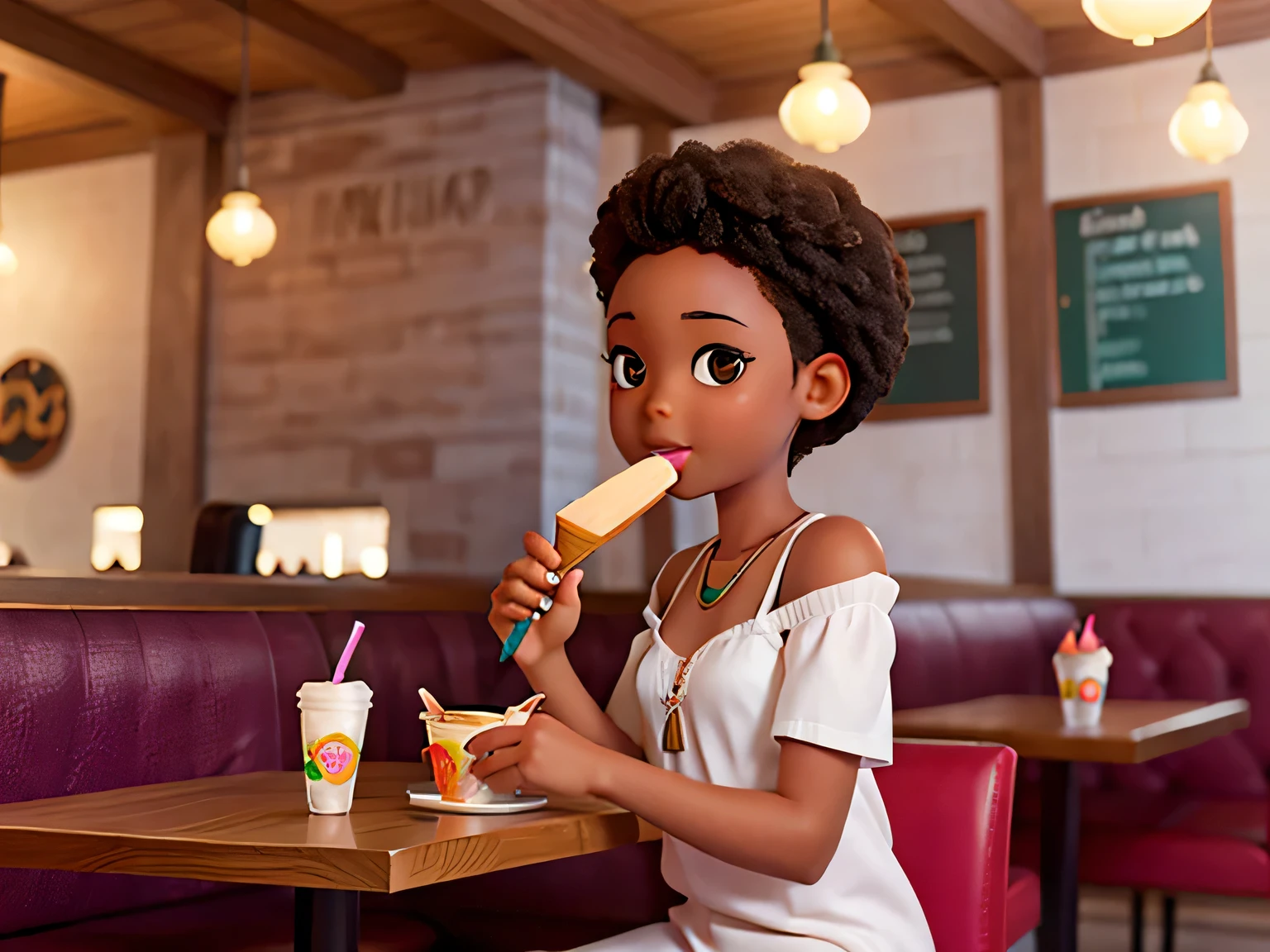 african american girl in fashion illustration , fresh skin, enjoying ice cream in restaurant