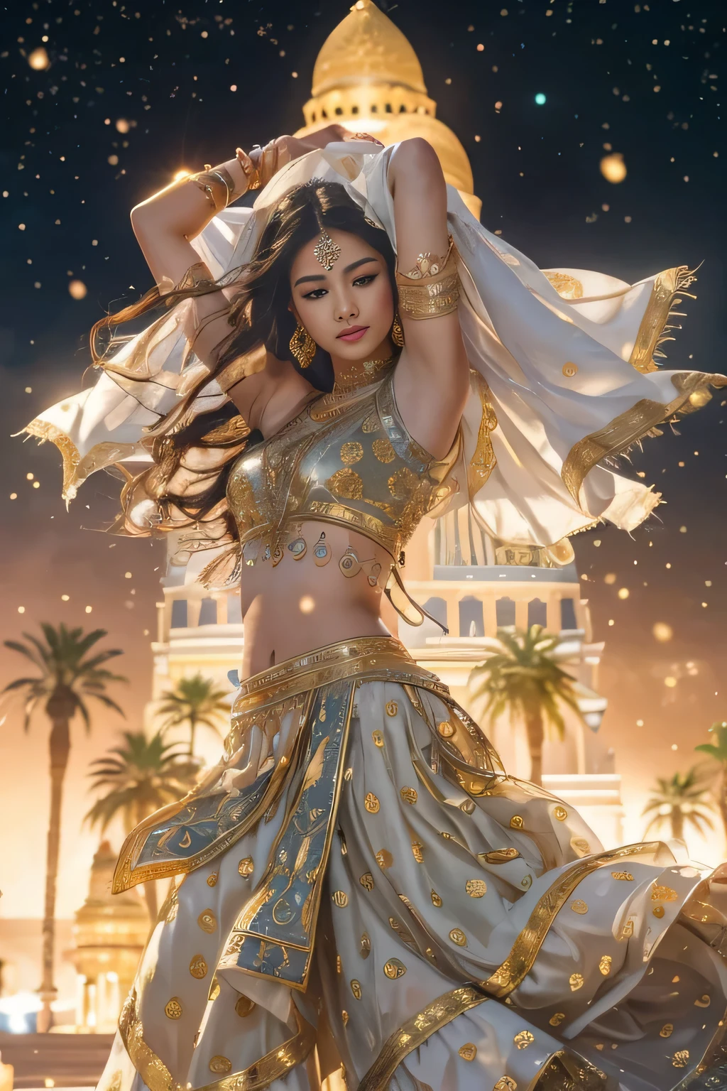 ((best quality)), ((masterpiece)), (detailed), perfect face,masterpiece – masterpiece ○○ 品质 – ○○ 品质 最佳品质(best quality) , high quality(high quality) Wait ○○ detailed – ○○ detailed super detailed(Ultra-fine ) , Very detailed(Very detailed) , detailed(fine grained) 等 ○○ 分辨率 – ○○ 分辨率 超high resolution(超high resolution) , 非常high resolution(high resolution) Waiting for reality – reality photo real – photo real beauty – beautiful 4k , 8k , 16K – 4K image quality , 8k , 16k is different - obviously the best aesthetic - the supreme aesthetic ,Dance,Middle Eastern dancer,White clothes with gold patterns,1 person,full body portrait,persian clothing