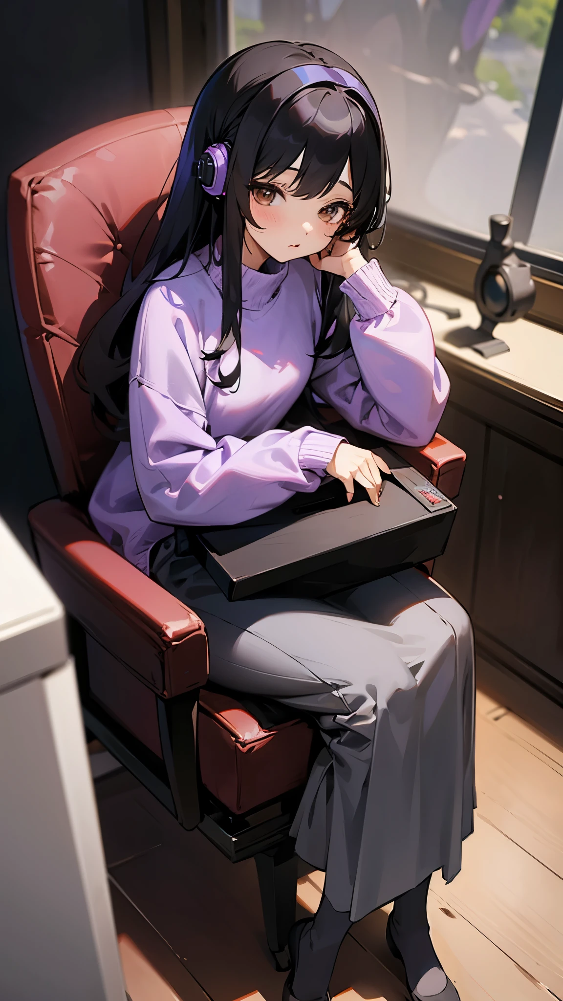 girl、Lilac sweater、Gray long skirt almost black、black tights、black hair、brown eyes、natural makeup、Sit in a chair and play a game、headphone