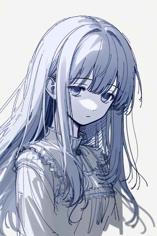 1girl, (🥺:1.2), upper body, close-up Face, long hair, Each hair is fine and delicate, very rough sketch, Thin line, Roughly and roughly drawn illustrations, masterpiece, best quality, highres, White background,