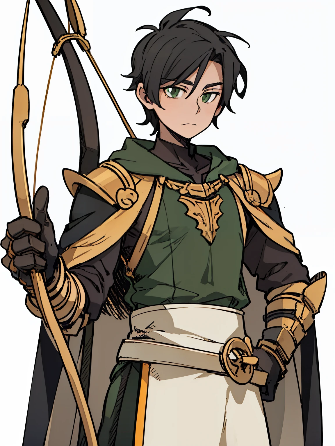 a male archer，front,(,(whole body),(black hair),(Archer costume)),Carrying a bow on his back，green cloak，Light armor，young, White background