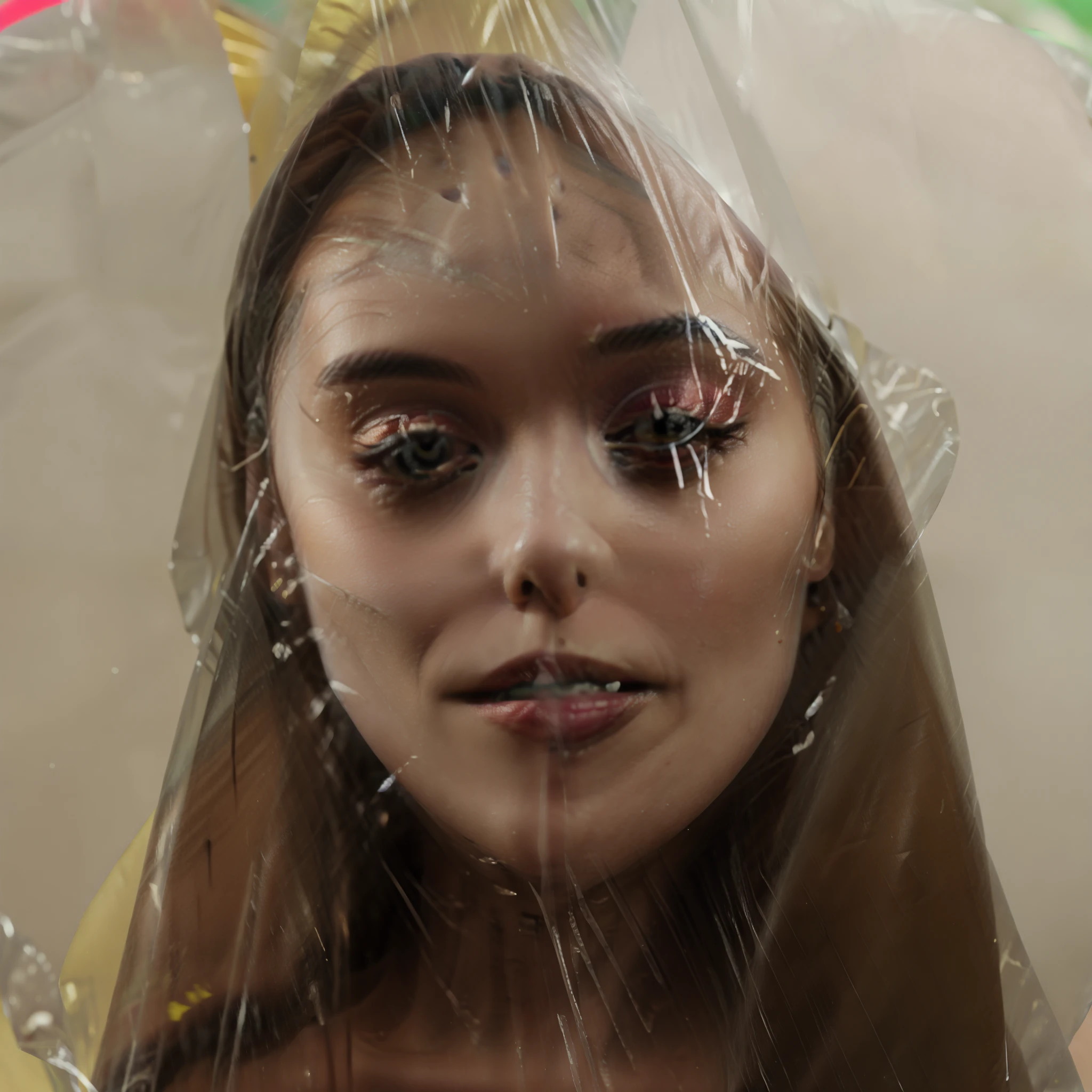 in_plastic, a woman wrapped in plastic with a yellow background. Face is wrapped in plastic, red lipstick, front view, body is wrapped in plastic best quality, perfect lighting, cinematic lighting, (sharp focus:1.2), HDR, beauty, ultra-detailed. Plastic reflections.