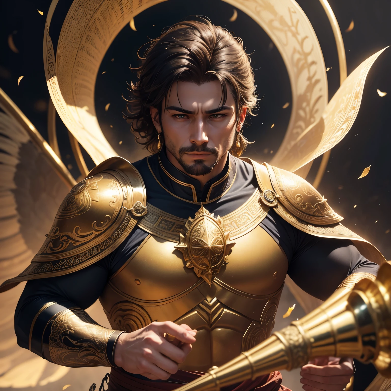 Arcanjo Gabriel, caucasiano, strong, grandes asas brancas, tunica branca, armadura de prata com detalhes de ouro, voando pelo céu, playing his golden trumpet, durante uma chuva de meteoros, highest quality, ultra-detailed, high resolution, high resolution, in 8K, extremely detailed CG, Realistic, CRU photo, live person, a portrait photo of, photorealistic, shimmering skin, detailed skin texture, 12k.