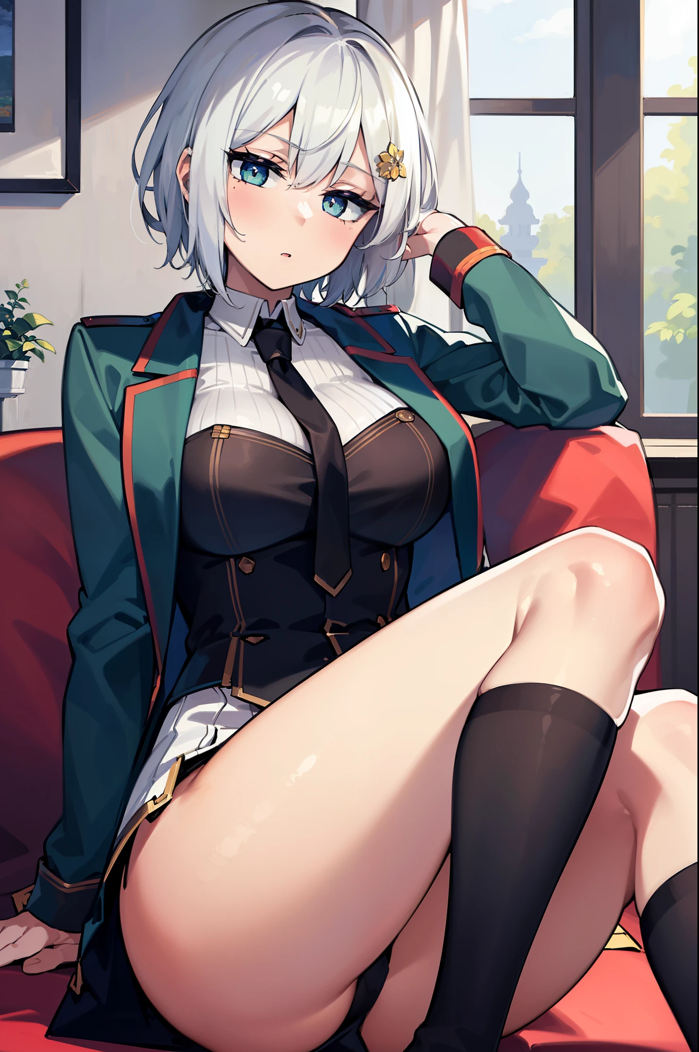 (masterpiece, best quality:1.2), illustration, 8k, hd, solo, 1girl, short hair, white hair, green eyes, green blazer, black skirt, detailed background, looking at viewer, hair ornaments, indoors, thighs, sitting,