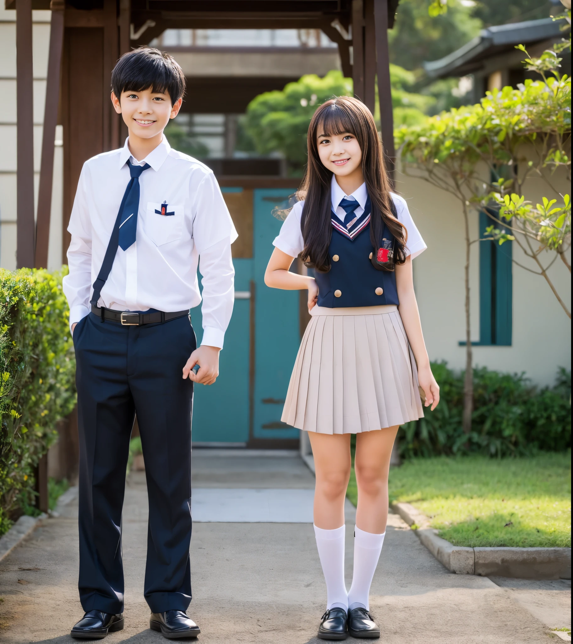 Masterpiece, hd, highschool students, 1girl and 1boy, school_uniform, standing, outdoor, a couple a boy and a girl, (1boy, black hair, smilewearing black blazer, white collared shirt, necktie, standing), (1girl, black hair, short hair, smile, wear white dress, blue tie, carries red backpack, standing), (couple:1.2), holding hands