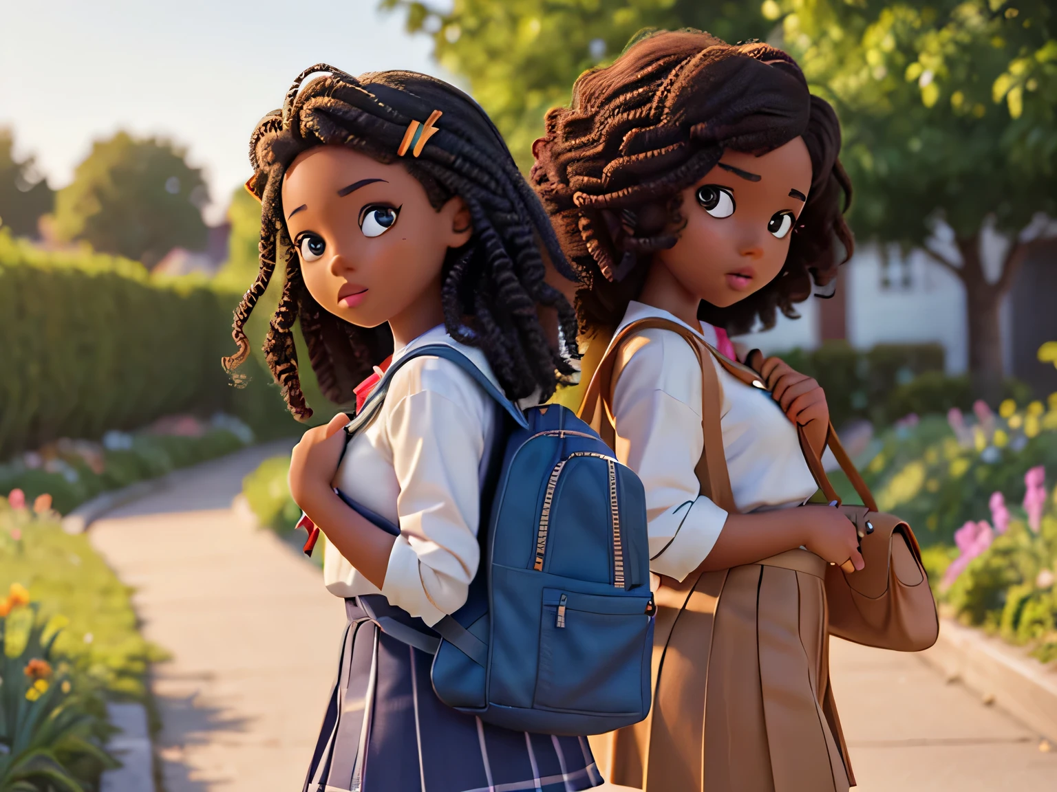 (african american girl,school uniform,fashion illustration,back bag:1.1,fresh skin,walking in school garden),(best quality,4k,8k,highres,masterpiece:1.2),ultra-detailed,realistic,portrait,studio lighting,vivid colors,sharp focus,physically-based rendering,long curly hair,beautiful detailed eyes,beautiful detailed lips