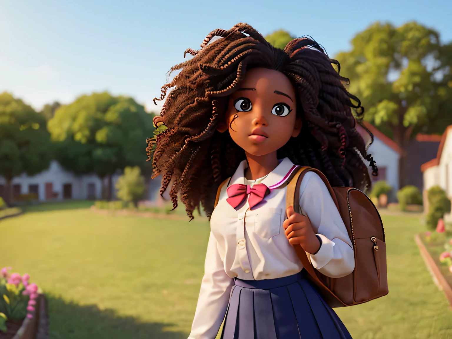 (african american girl,school uniform,fashion illustration,back bag:1.1,fresh skin,walking in school garden),(best quality,4k,8k,highres,masterpiece:1.2),ultra-detailed,realistic,portrait,studio lighting,vivid colors,sharp focus,physically-based rendering,long curly hair,beautiful detailed eyes,beautiful detailed lips