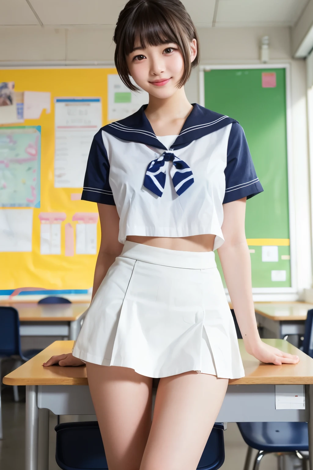 A girl standing in a school classroom,white sailor shirt and navy miniskirt,むちむちなthighs,18-year-old,bangs,a little smile,thighs,share,knees,short cut hair,ponytail,from below