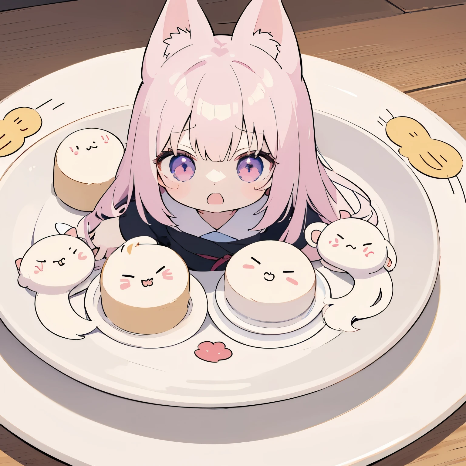 ((Flat plate with anime characters drawn on it)) 、The chibi girl's deformed face and playful expression、Making this dish a unique and captivating work of art。The level of detail in this image is、will be awe-inspiring。