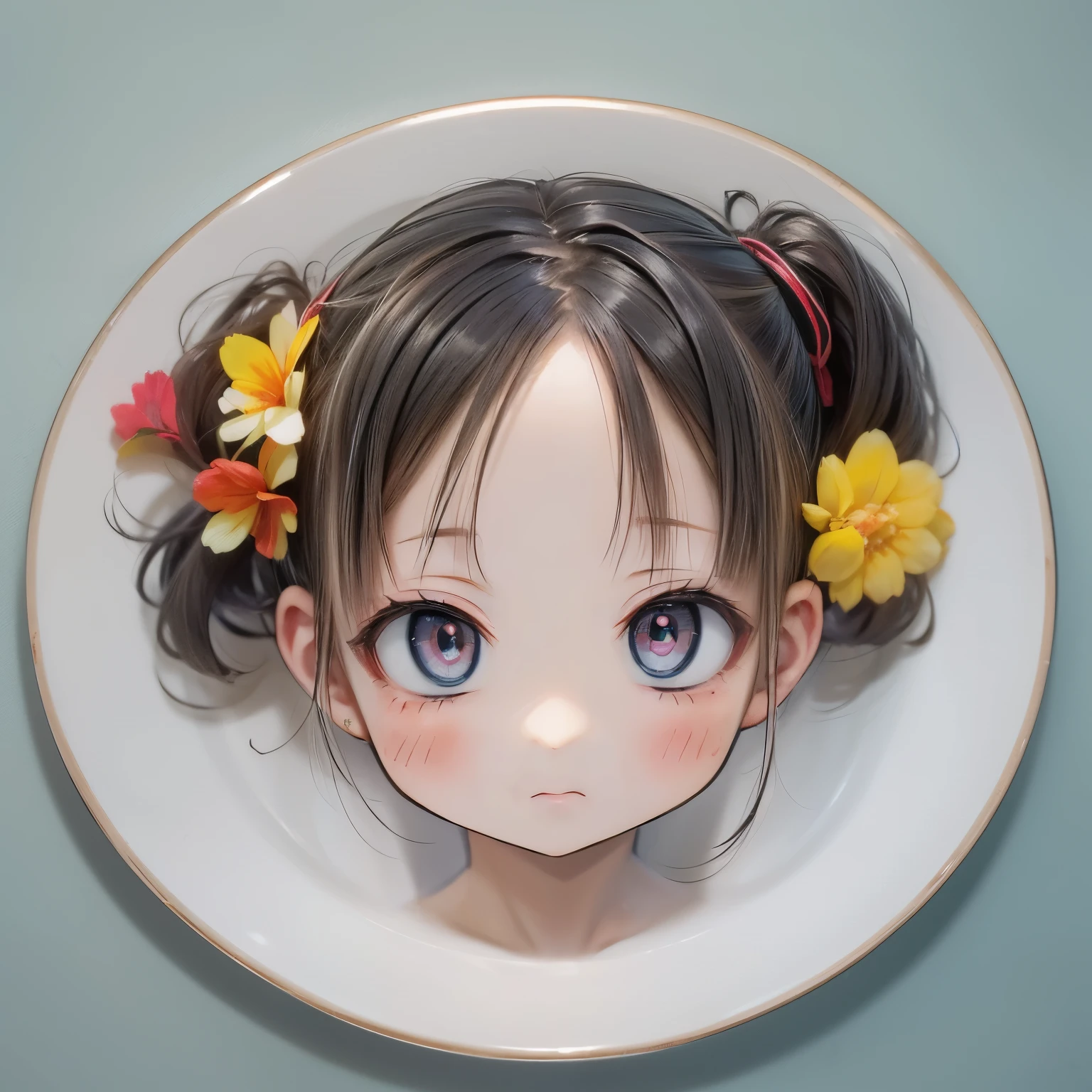 ((Flat plate with anime characters drawn on it)) 、The chibi girl's deformed face and playful expression、Making this dish a unique and captivating work of art。The level of detail in this image is、will be awe-inspiring。
