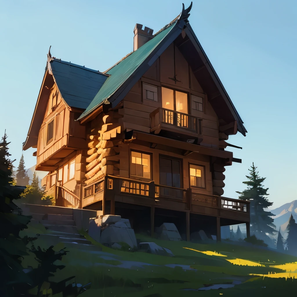 ((best quality)), (((masterpiece))), dynamic lighting, mountain villa, log house, tree, deep forest, sky