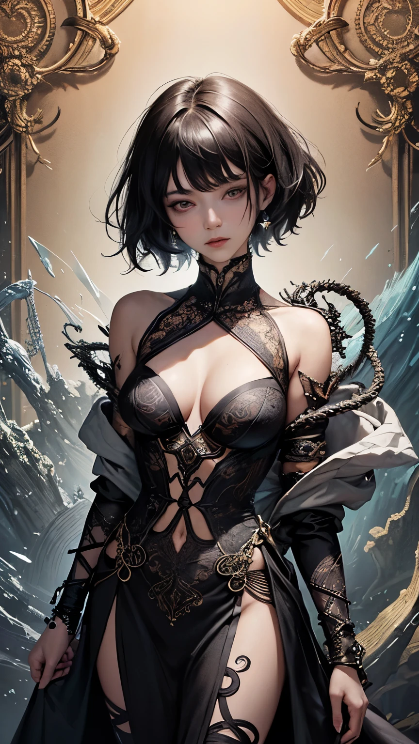 official art, unity 8k wallpaper, ultra detailed, beautiful and aesthetic, masterpiece, best quality, (zentangle, mandala, tangle, entangle), (fractal art:1.5) , 1girl, extremely detailed, dynamic angle, cowboyshot, the most beautiful form of chaos, elegant, a brutalist designed, vivid colours, romanticism, by james jean, roby dwi antono, ross tran, francis bacon, michal mraz, adrian ghenie, petra cortright, gerhard richter, takato yamamoto, ashley wood, atmospheric, ecstasy of musical notes, streaming musical notes visible,cool beauty,tall woman,short hair,black hair,Precisely expresses details such as face and skin texture,beautiful eye, double eyelid,delicate skin,slender body shape,alone,big breasts,