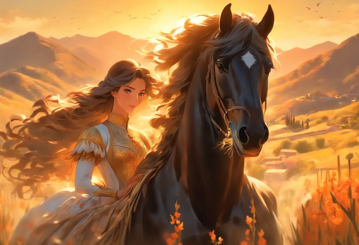 Beautiful, photorealistic, (best quality, 8K, masterpiece:1.3) image that depicts a young woman of Spanish beauty type riding a black horse through the scenic beauty of Almeria. The woman has long flowing hair and captivating eyes. Her face is adorned with detailed features, including beautiful eyes, a refined nose, and luscious lips. She exudes confidence as she gracefully guides the horse with skillful reins. The horse itself is powerful and majestic, with a sleek black coat and a muscular build. The background showcases the picturesque landscapes of Almeria, with its rugged mountains and sun-kissed golden fields. The scene is bathed in warm, vibrant colors that accurately capture the essence of the Mediterranean sun. The lighting is carefully crafted to illuminate the woman's radiant complexion and bring out the natural beauty of the landscape. This artwork seamlessly blends the artistry of a portrait and the captivating allure of nature, resulting in a truly captivating masterpiece.
