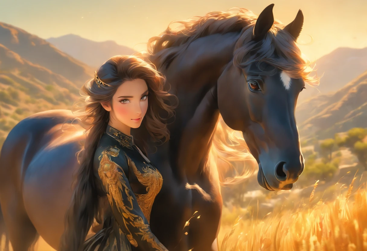 Beautiful, photorealistic, (best quality, 8K, masterpiece:1.3) image that depicts a young woman of Spanish beauty type riding a black horse through the scenic beauty of Almeria. The woman has long flowing hair and captivating eyes. Her face is adorned with detailed features, including beautiful eyes, a refined nose, and luscious lips. She exudes confidence as she gracefully guides the horse with skillful reins. The horse itself is powerful and majestic, with a sleek black coat and a muscular build. The background showcases the picturesque landscapes of Almeria, with its rugged mountains and sun-kissed golden fields. The scene is bathed in warm, vibrant colors that accurately capture the essence of the Mediterranean sun. The lighting is carefully crafted to illuminate the woman's radiant complexion and bring out the natural beauty of the landscape. This artwork seamlessly blends the artistry of a portrait and the captivating allure of nature, resulting in a truly captivating masterpiece.