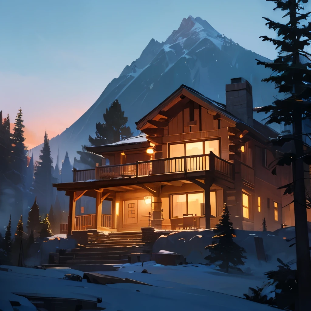 ((best quality)), (((masterpiece))), dynamic lighting, mountain villa, log house, tree, deep forest, sky
