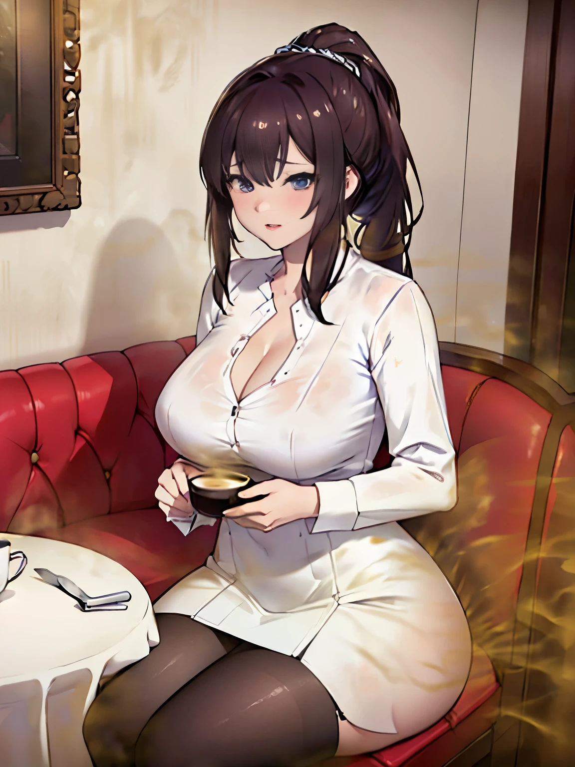 (In perspective) gorgeous and sexy brunette woman、perfect 23 year old secretary、straight hair、ponytail、oily silky white skin (Moist) thick lips, (photorealistic:photorealistic, 8K masterpiece), big breasts wearing tight white dress shirt (chest highlights), sitting at a restaurant table with a cup of coffee (hyperrealistic: realistic, Environments with complex details),  The presence of sensual features on the face: (Textures and Environments Professional Photography Pure and Perfect Lighting).