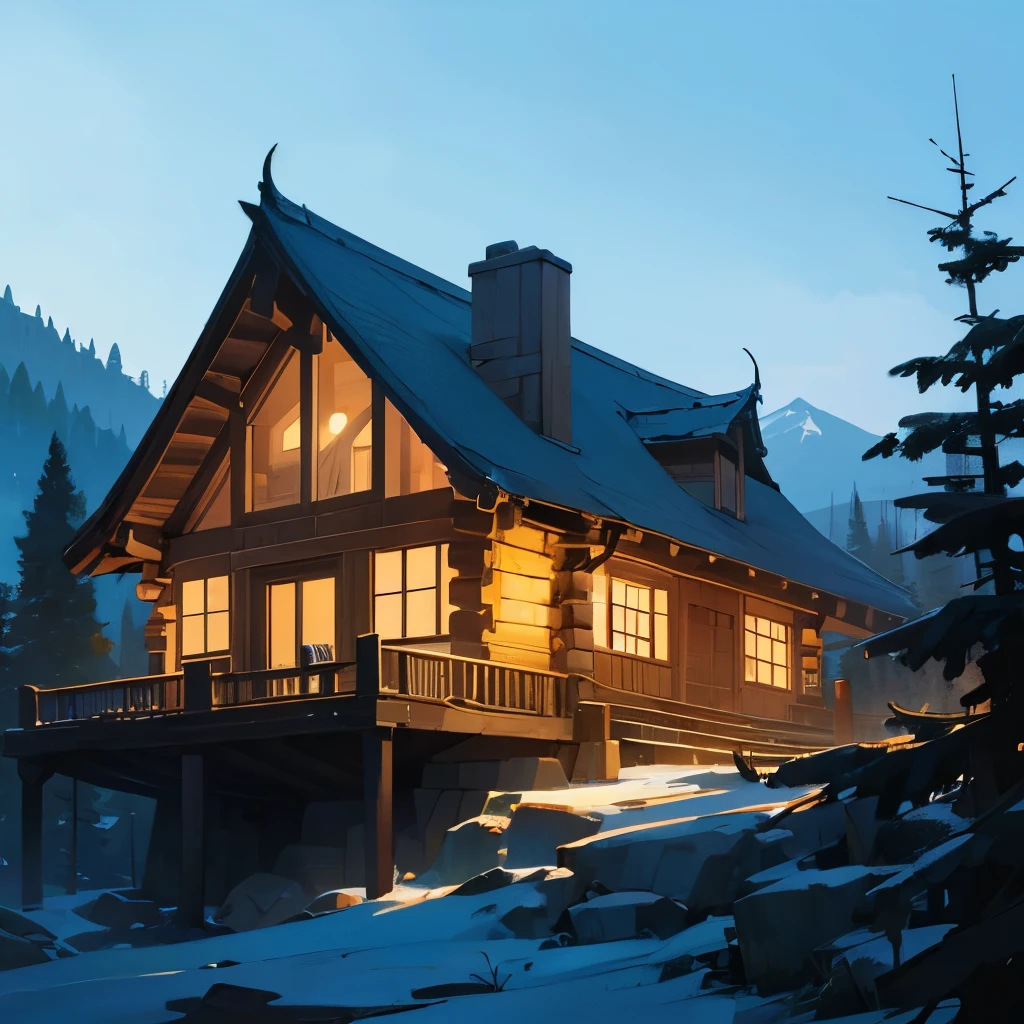 ((best quality)), (((masterpiece))), dynamic lighting, mountain villa, log house, tree, deep forest, sky