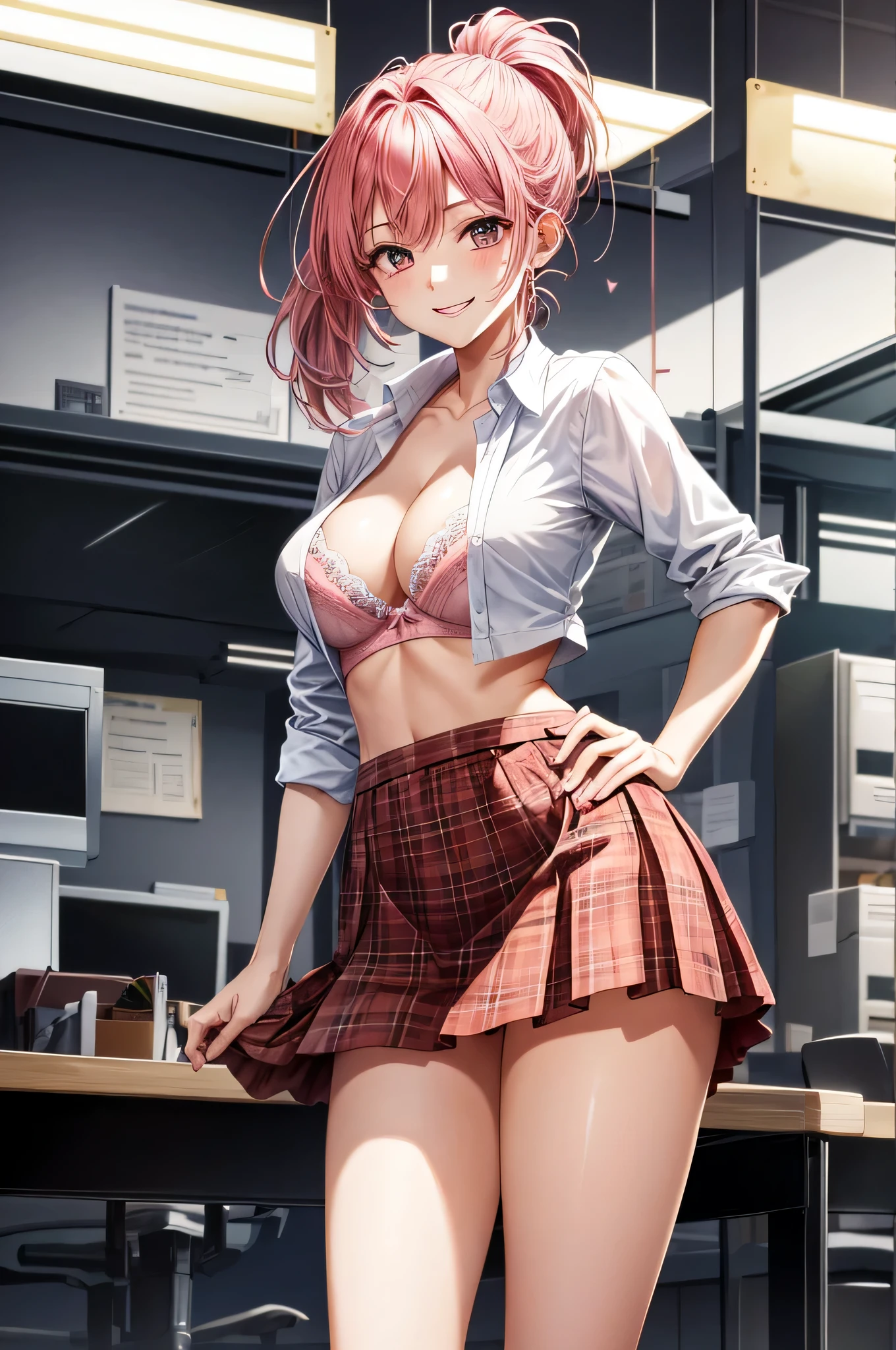 HDR , high quality ,ultra detail , cute girl , office background , standing , skirt , thigh , open shirt and show bra , pink hair with long ponytail hairstyle , smile , medium tits , soft light