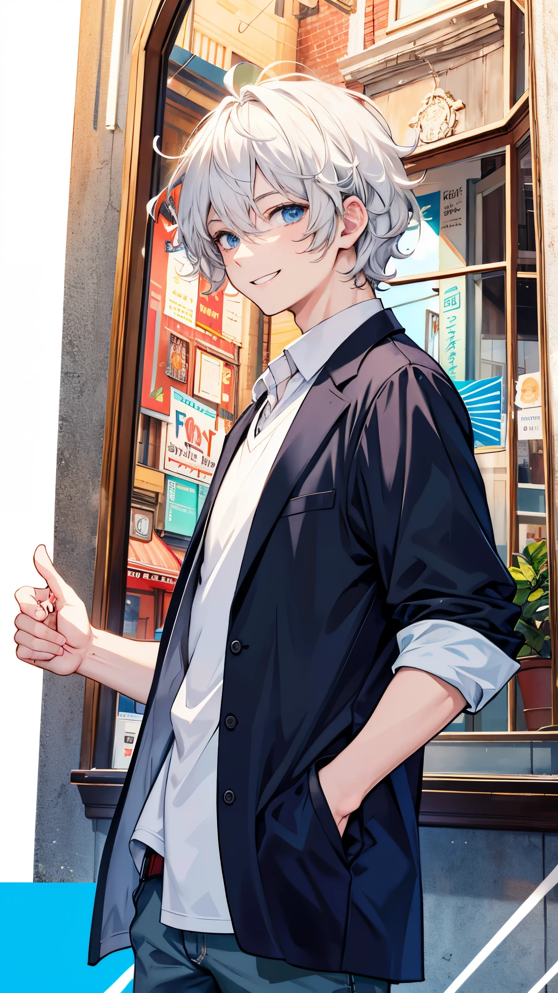 Two-dimensional painting style,one person,adult male,clothing store owner,Fun person,Playful smile,white curly hair,blue eyes,blank background