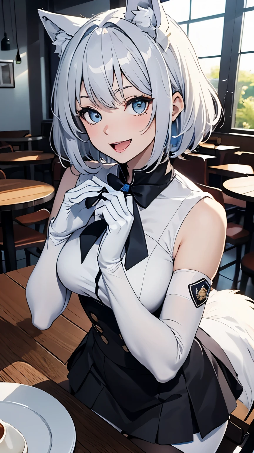 table top High level image quality best image quality 8k adult woman portrait white long gloves(elbow gloves) white pantyhose uniform(sleeveless) mini skirt white wolf ears short hair((shortcut)(gray hair)(perm)(fluffy)) eye color is blue seductive face((laughter)(smile)(open your mouth)) put your hands on your knees Cafe