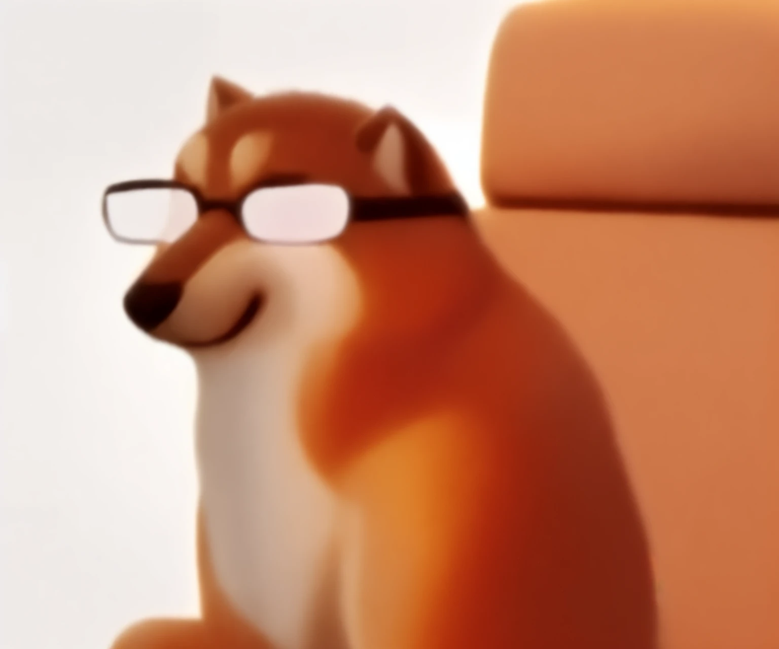 A Shiba Inu wearing glasses sitting on a leather chair facing left，Disney art style