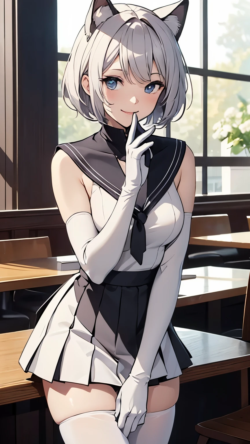 table top High level image quality best image quality 8k adult woman portrait white long gloves(elbow gloves) white pantyhose sailor suit(sleeveless) mini skirt white wolf ears short hair((shortcut)(gray hair)(perm)(fluffy)) eye color is blue seductive face((laughter)(smile)(open your mouth)) put your hands on your knees Cafe
