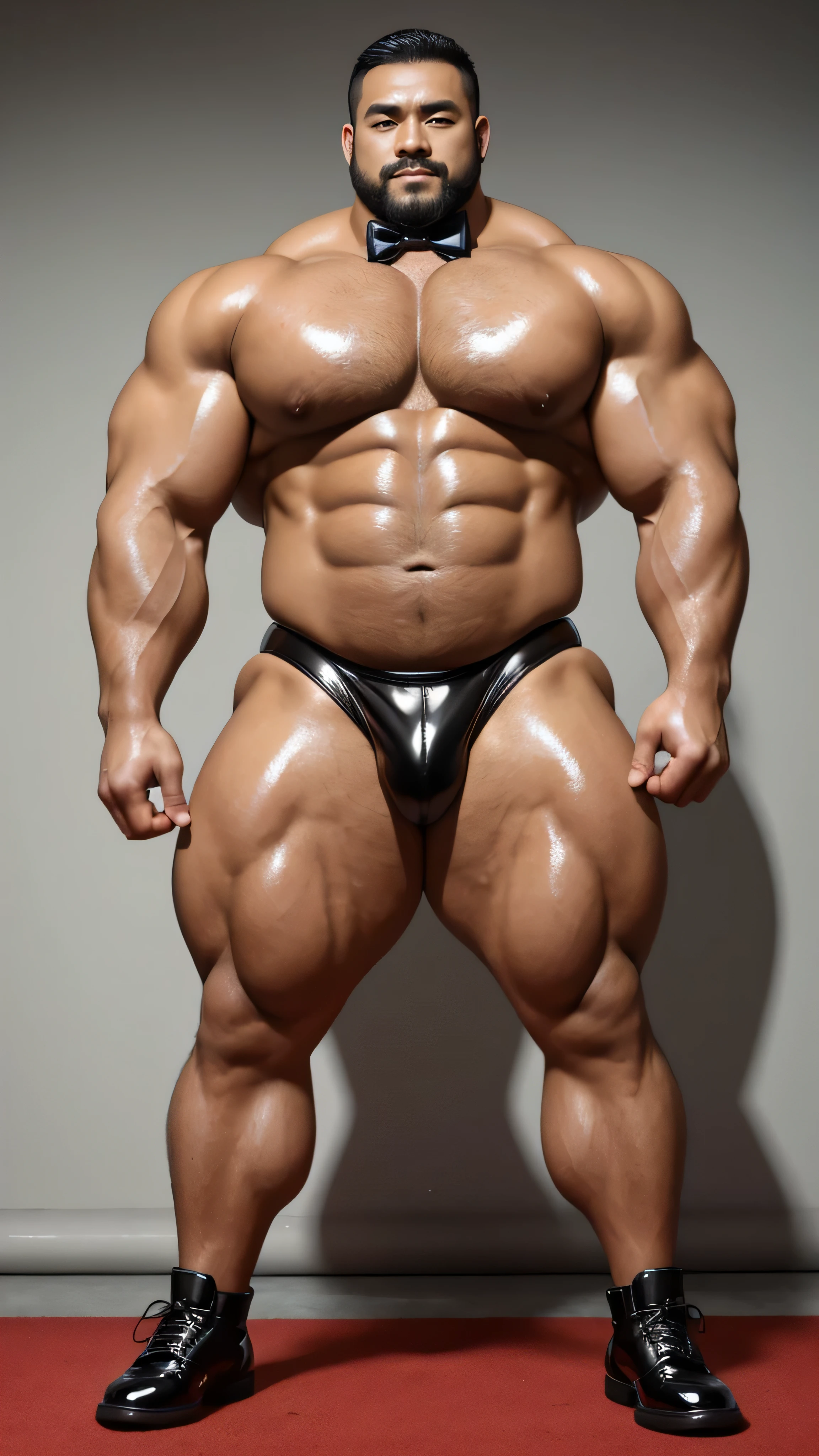 There is only one person in the picture,一位中国bodybuilding运动员,30 years old,High, bodybuilding,standing in front of gray background board,Paired with glossy black leather bow tie,short hair, O-shaped beard,Perfect body, Dark and shiny complexion,Muscle bulge, muscular, Very big pecs,Very sexy abs,Leg muscles are very developed,High and burly,Huge bumpy area,Brighten oily skin,Black leather shiny leather gloves, Wearing a gold leather shiny thong, Wear black leather shoes to shine,handsome face,Detailed facial features, Correct and accurate male anatomy, full-body shot, Large pecs, Wet oil wax gloss for oily muscles and skin,Professional photography。