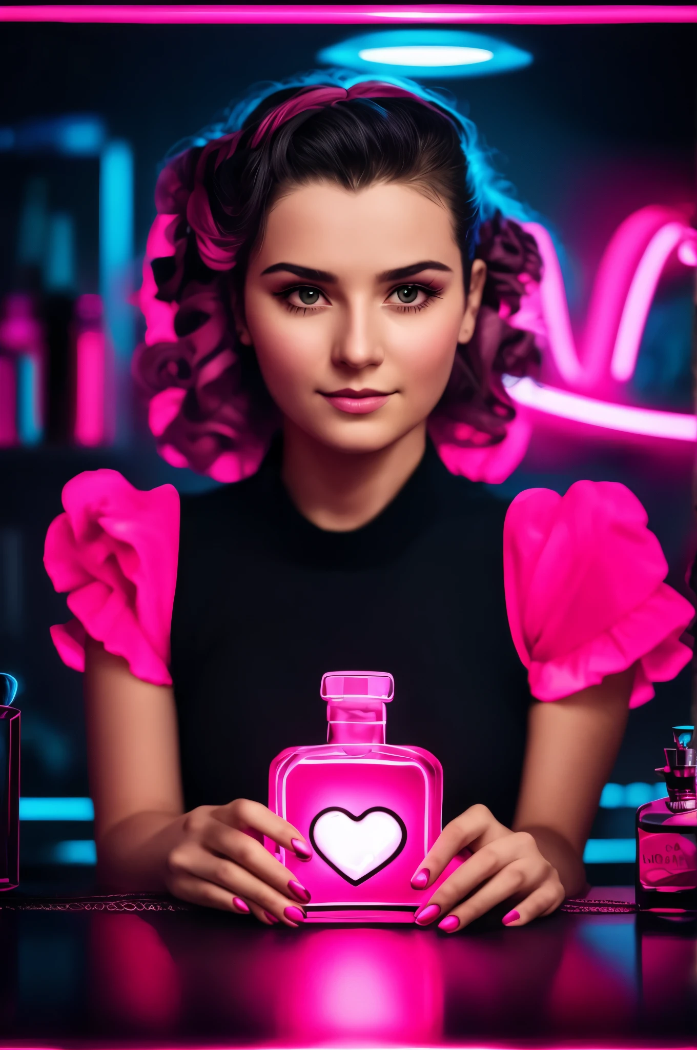 blurred image of a woman holding a pink bottle with a heart, with neon lights, Rosa neon, Pink Neon Lights, Rosa neon and black color scheme, black neon, neon lights in the background, rosto rosa brilhante, carregando um frasco de perfume, with neon night dots, Anna Nikonova aka Newmilky, Rosa quente