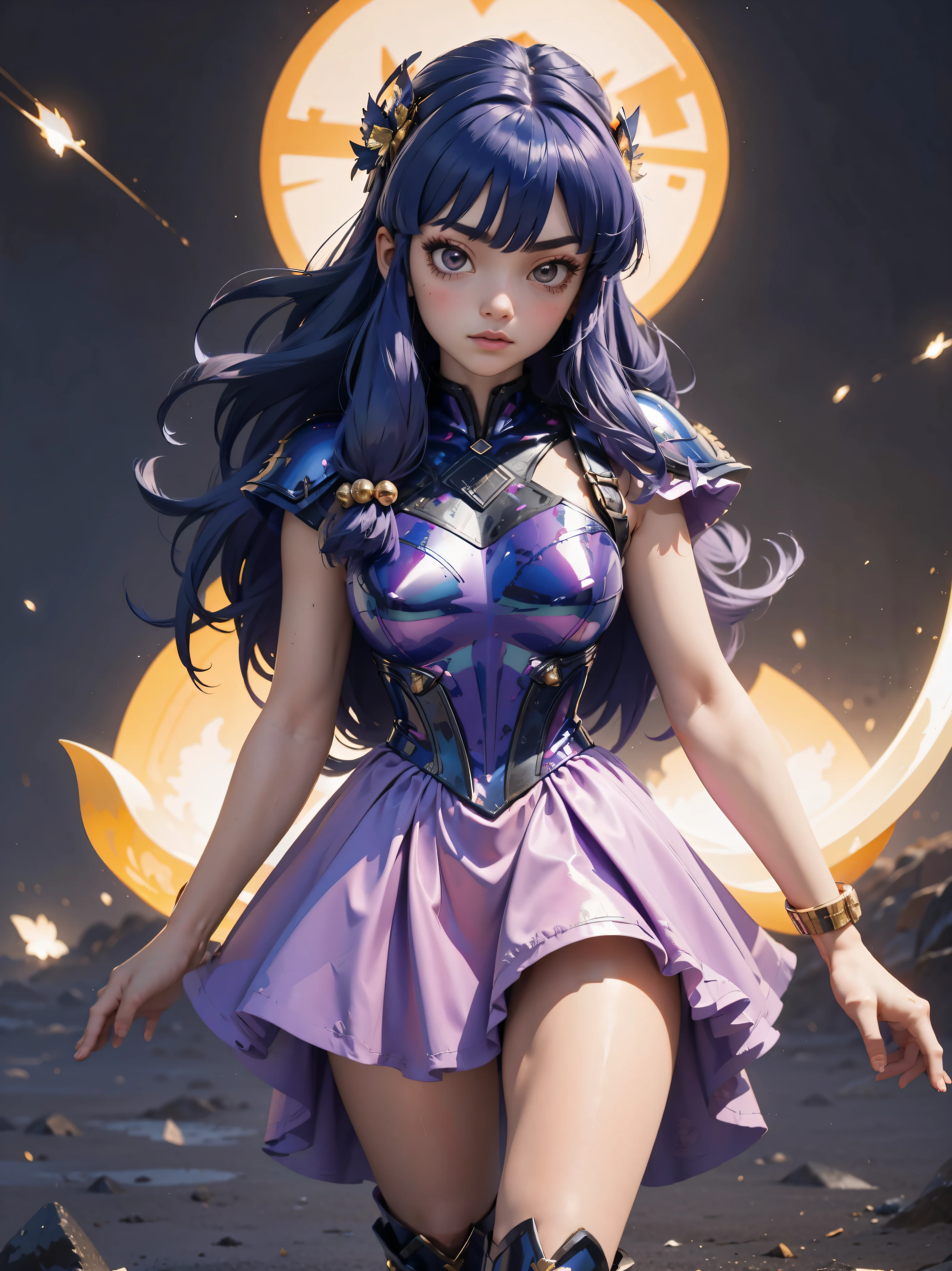 Purple hair anime girl with purple metallic armor, 16 anos, corpo bonito, seios grandes, postura de luta, postura de combate, garota sexy, purple hair with braid, beautiful lighting, sombras suaves, olhos azuis, pernas bonitas, estilo anime, personagem shampoo, Autora Rumiko Takahashi, Baseado em obra de Rumiko Takahashi, Anime Ranma 1/ 2, decote sexy, quadril robusto, corpo inteiro, corpo completo, busto grande, garota jovem com corpo belo e bonito, garota 16 anos jovem baixa estatura, purple metallic armor dress, garota anime, estilo anime, red hair with braid, luz bonita, Gleaming metal armor, corpo completo, black boots on feet, purple hair, segurando espada nos ombros, 45º viewing angle,  botas longas nos pes, botas pretas