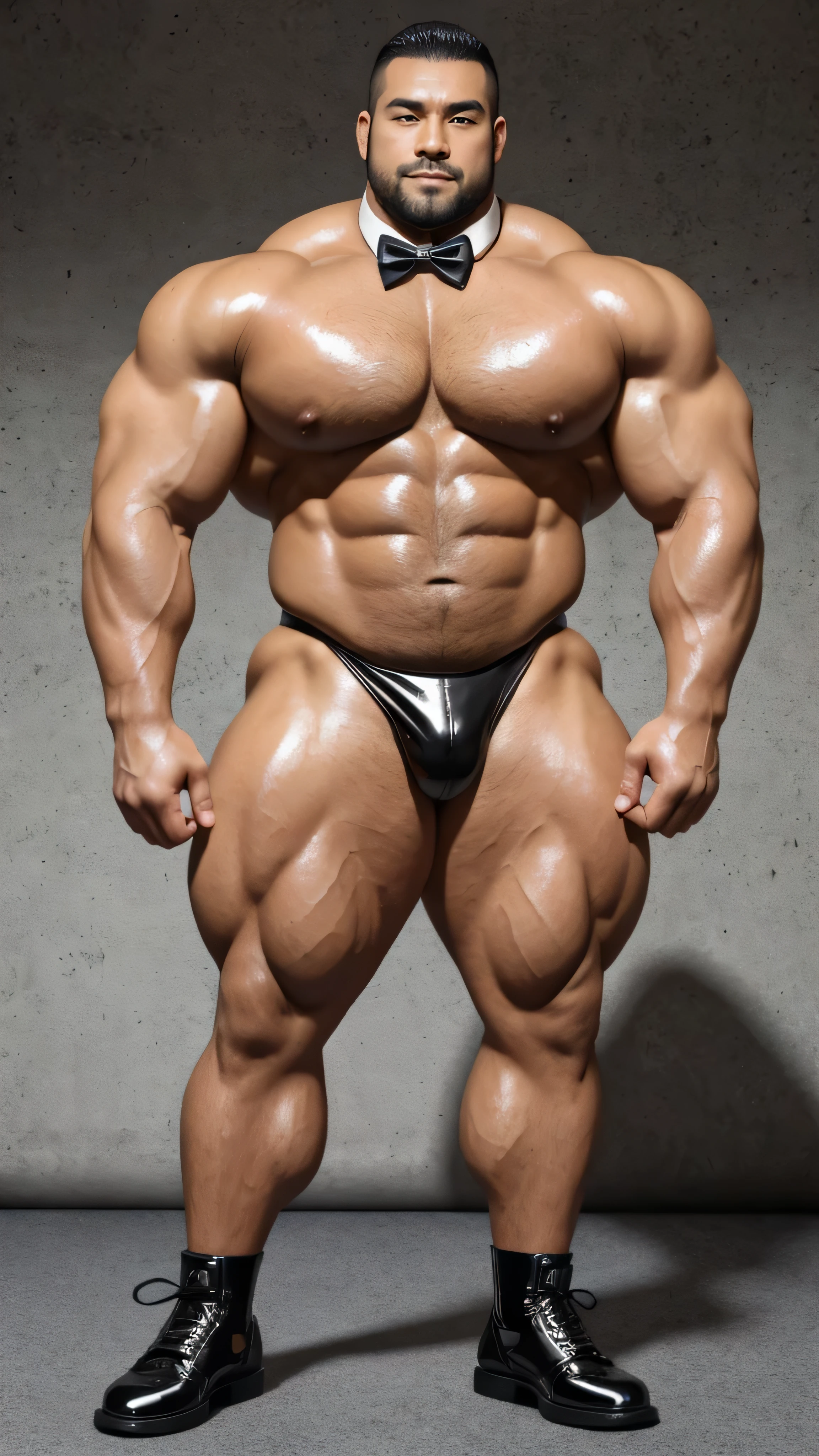 There is only one person in the picture,一位中国bodybuilding运动员,30 years old,High, bodybuilding,standing in front of gray background board,Paired with glossy black leather bow tie,short hair, O-shaped beard,Perfect body, Dark and shiny complexion,Muscle bulge, muscular, Very big pecs,Very sexy abs,Leg muscles are very developed,High and burly,Huge bumpy area,Brighten oily skin,Black leather shiny leather gloves, Wearing a gold leather shiny thong, Wear black leather shoes to shine,handsome face,Detailed facial features, Correct and accurate male anatomy, full-body shot, Large pecs, Wet oil wax gloss for oily muscles and skin,Professional photography。