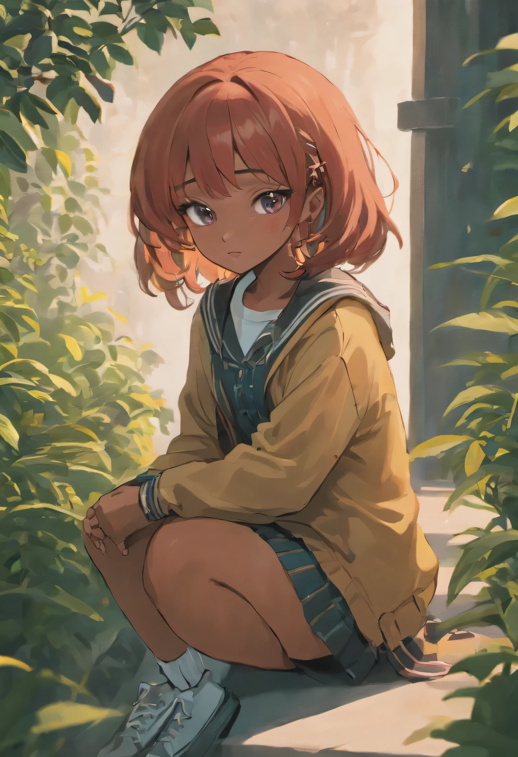 (african american girl,school uniform,fashion illustration,back bag:1.1,fresh skin, sitting on chair to revise their lesson garden),(best quality,8k,highres,masterpiece:1.2),ultra-detailed,realistic,portrait,studio lighting,vivid colors,sharp focus,physically-based rendering,long curly hair,beautiful detailed eyes,beautiful detailed lips, ( good hands and face )