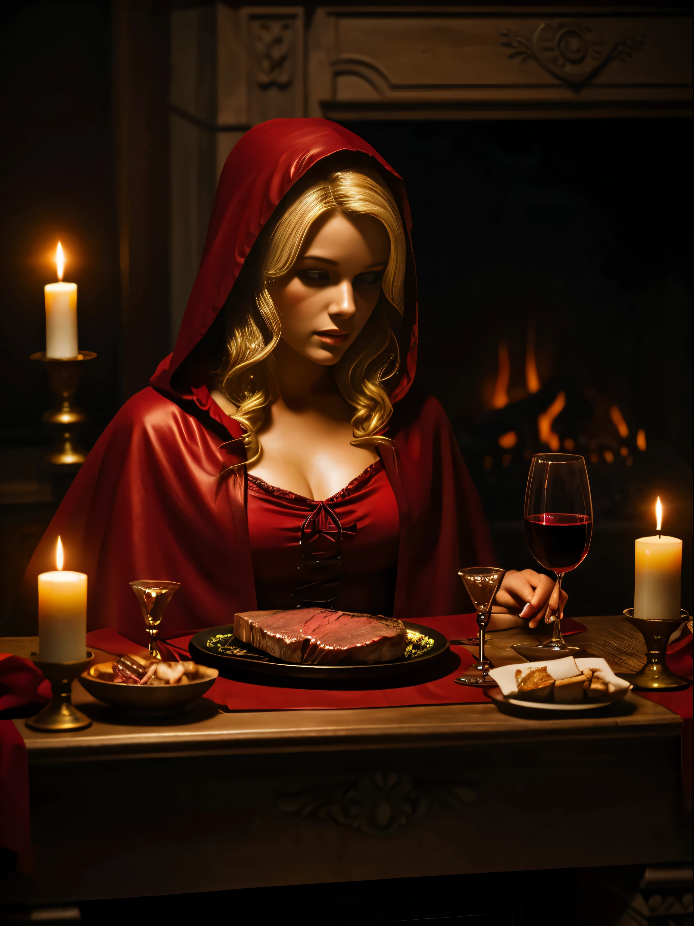 Caperucita Roja, Rubio, Ensangrentado, chimenea, comedor, filete con sangre, velas, vino tinto, Oil painting, pincelada detallada, dark atmosphere