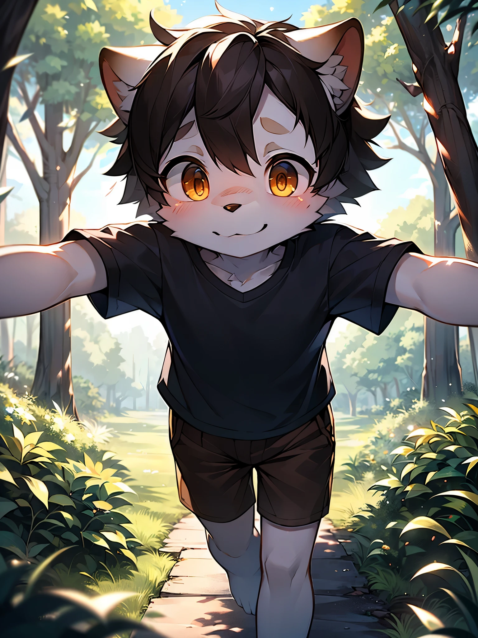 Dog, ((a little boy)), cute, big golden eyes, black and white fur, smile, blush on the face, (((wearing a deep blue T-shirt and brown shorts))), (nervous), (((running in the forest))), at noon, bright sun, with many bubbles around, reflecting light, the sparkling lake surface, the shadows of the forest, blue sky and white clouds, meticulous body depiction, ((correct hand depiction)), accurate details, Rembrandt light and shadow, 4K ultra clear