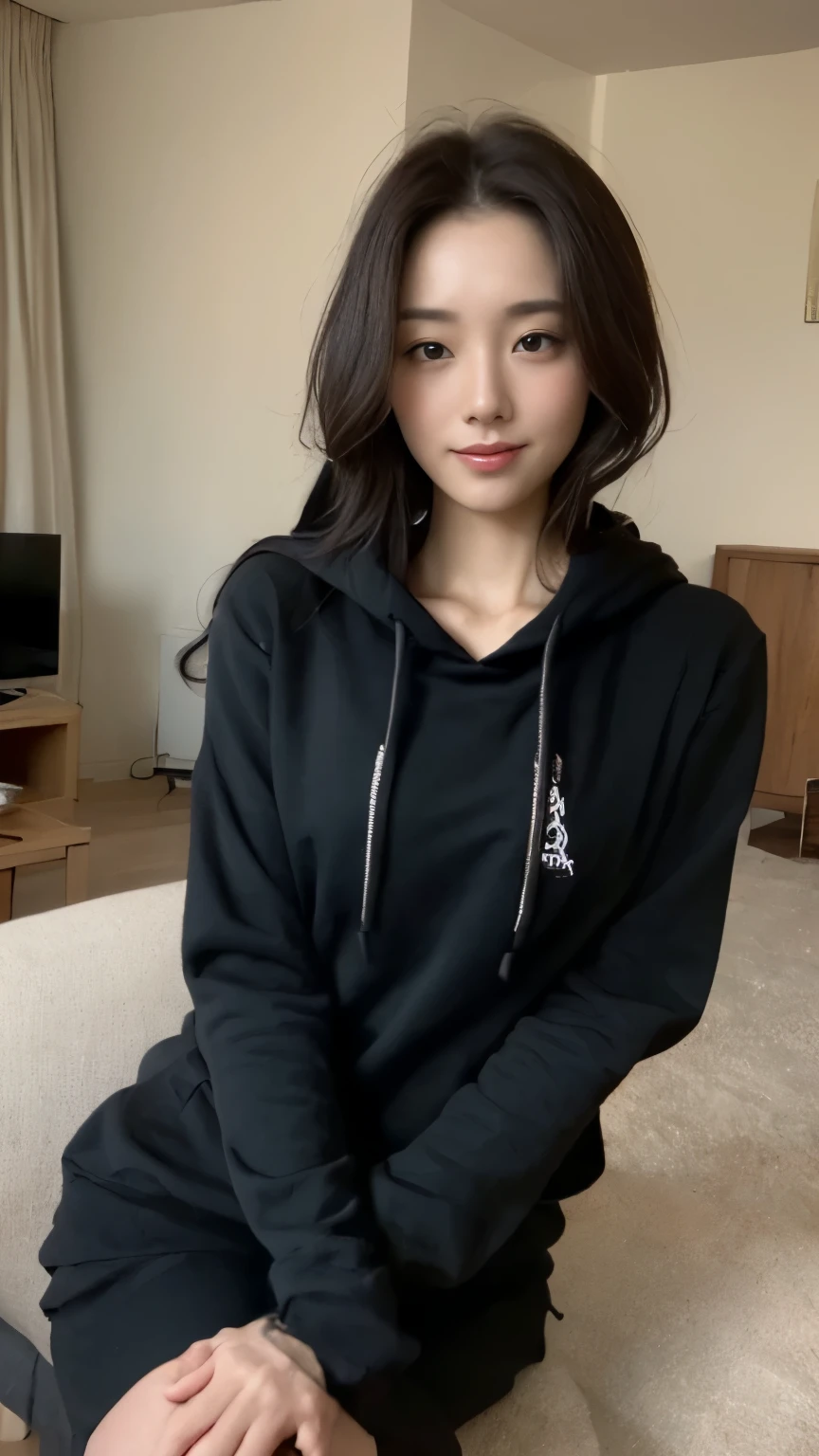 ((top-quality、8k、masterpiece:1.3))、Beautiful woman with perfect body:1.4、slim abdomen:1.2、Longhair, normal breast, Highly detailed facial and skin texture, A detailed eye, delicate eyes, double eyelid, (smile), (full body shot), ((living room)), (sitting on chair), (((wearing black hoodie)), looking in front