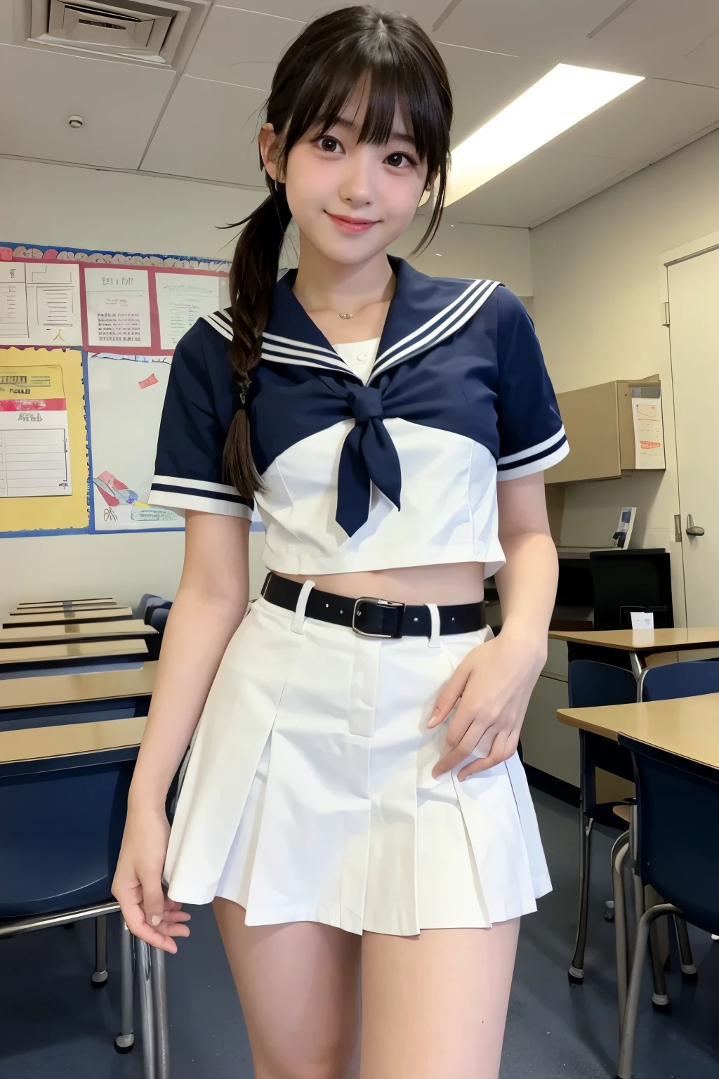 A girl standing in a school classroom,white sailor shirt and navy miniskirt,むちむちなthighs,18-year-old,bangs,a little smile,thighs,share,knees,short cut hair,ponytail,from below