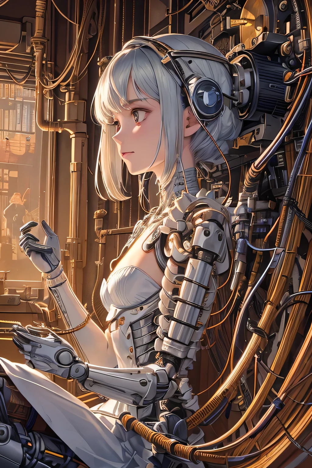 (((masterpiece))), (((best quality))), ((super detailed)), (Highly detailed CG illustrations), ((extremely delicate and beautiful)),(from the side),movie lighting,((1 Mechanical Girl)),alone,whole body,(Machine made joints:1.2),((mechanical limbs)),(blood vessels connected to tubes),(Mechanical vertebrae attached to the back),((Cervical spine mechanical fixation in the neck)),(sitting),poker face,(Wires and cables connected to the neck:1.2),(Wires and cables on your head:1.2)(Character focus),Science fiction,Very detailed,colorful,most detailed