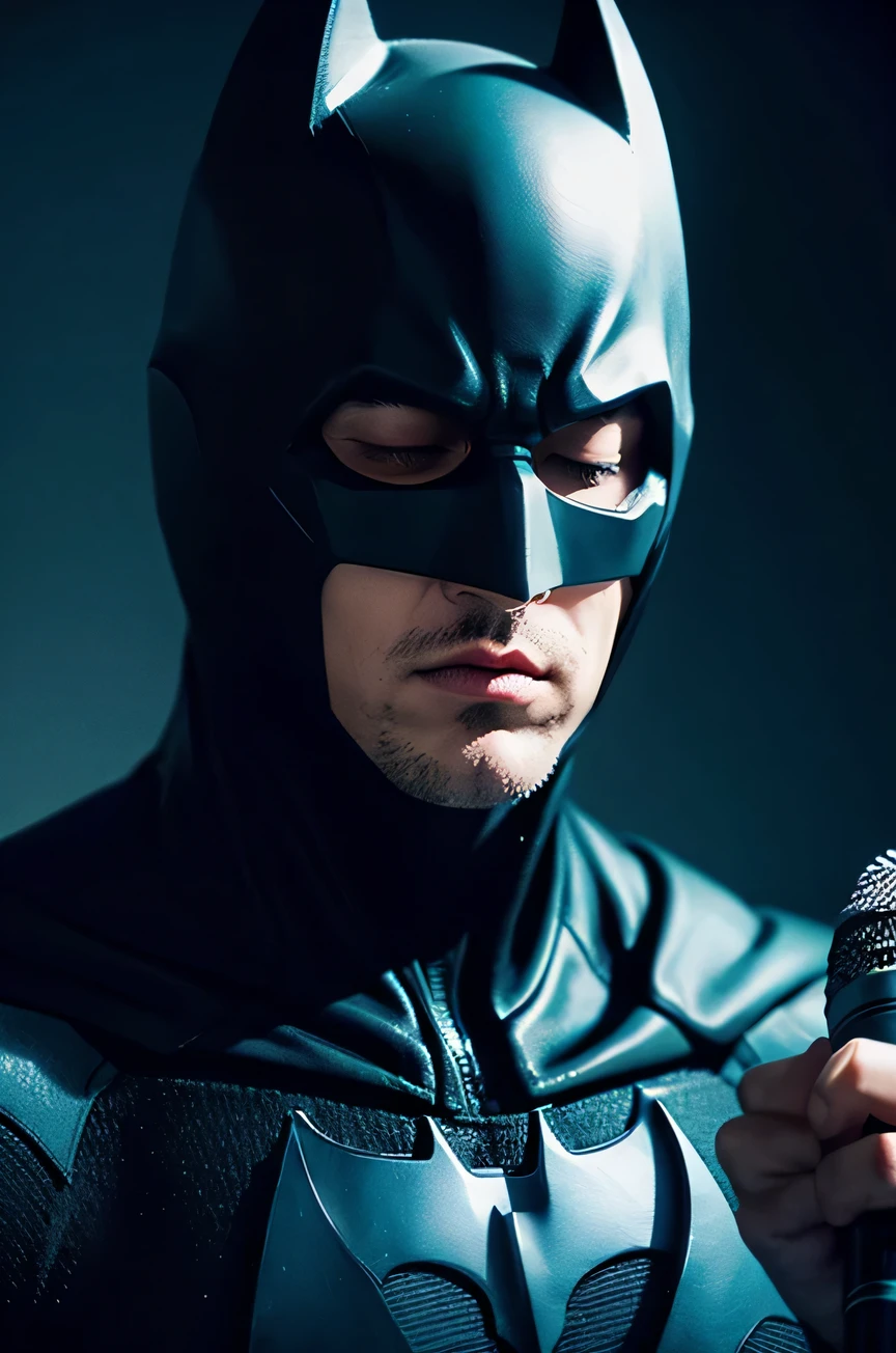 Batman holding a microphone,close eyes,night,masterpiece level,realism